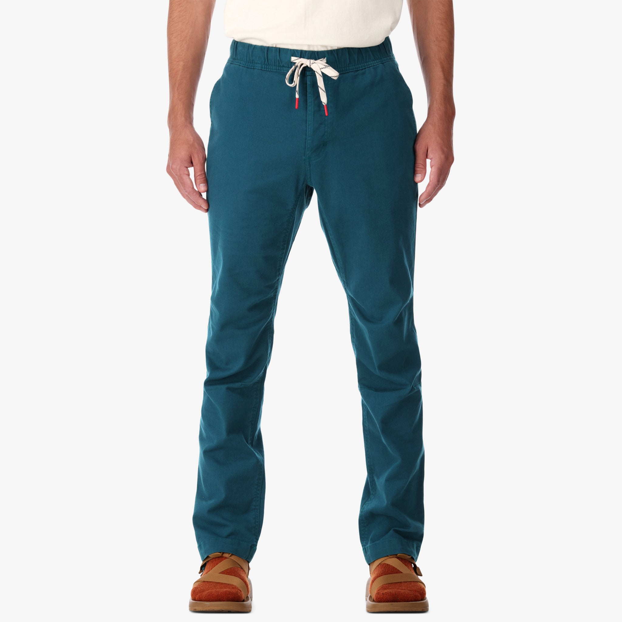 Topo Designs Men's Dirt Pants in "pond blue" on model front.