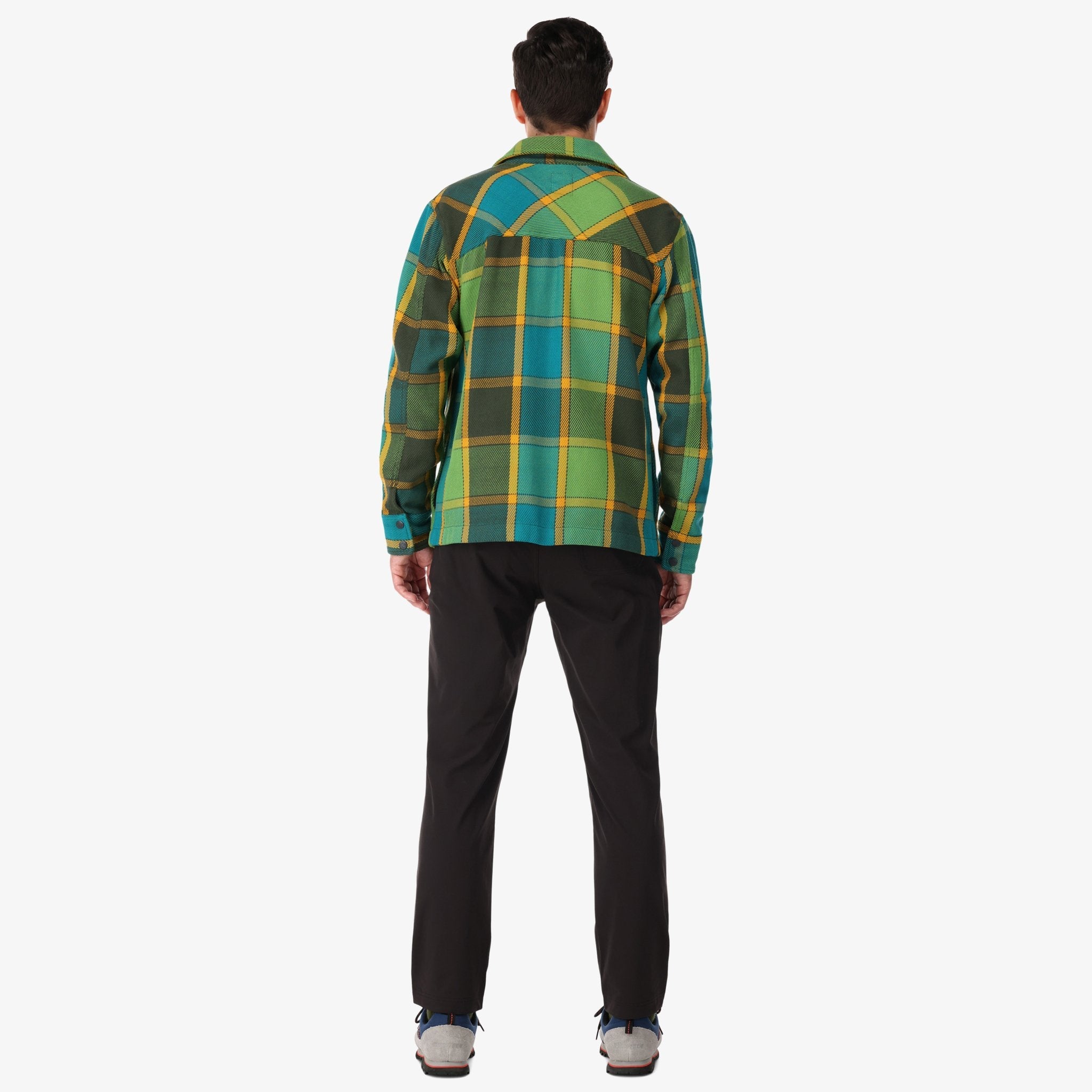 Back of Topo Designs Men's Mountain Shirt Jacket in Olive green gold plaid on model.