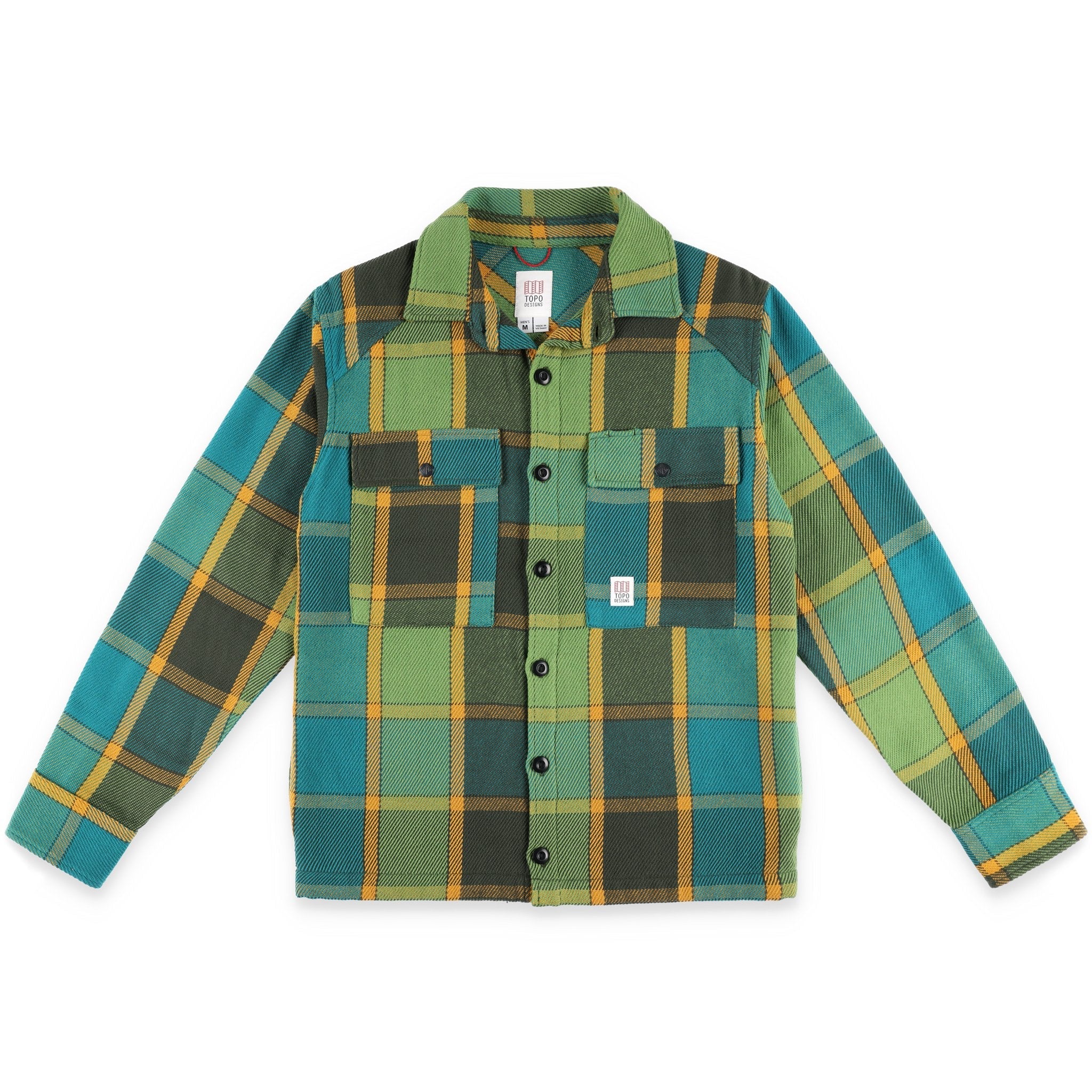 Topo Designs Men's Mountain Shirt Jacket in Olive green gold plaid