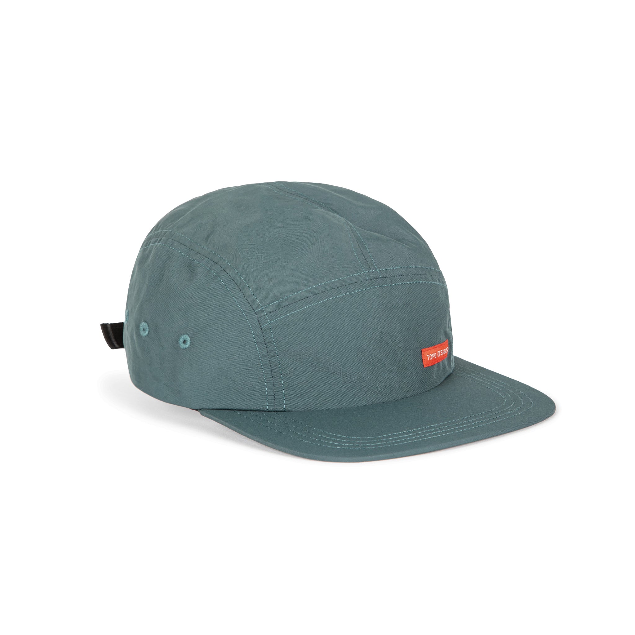 Topo Designs Nylon Camp 5-panel flat brim Hat in "Juniper" green.