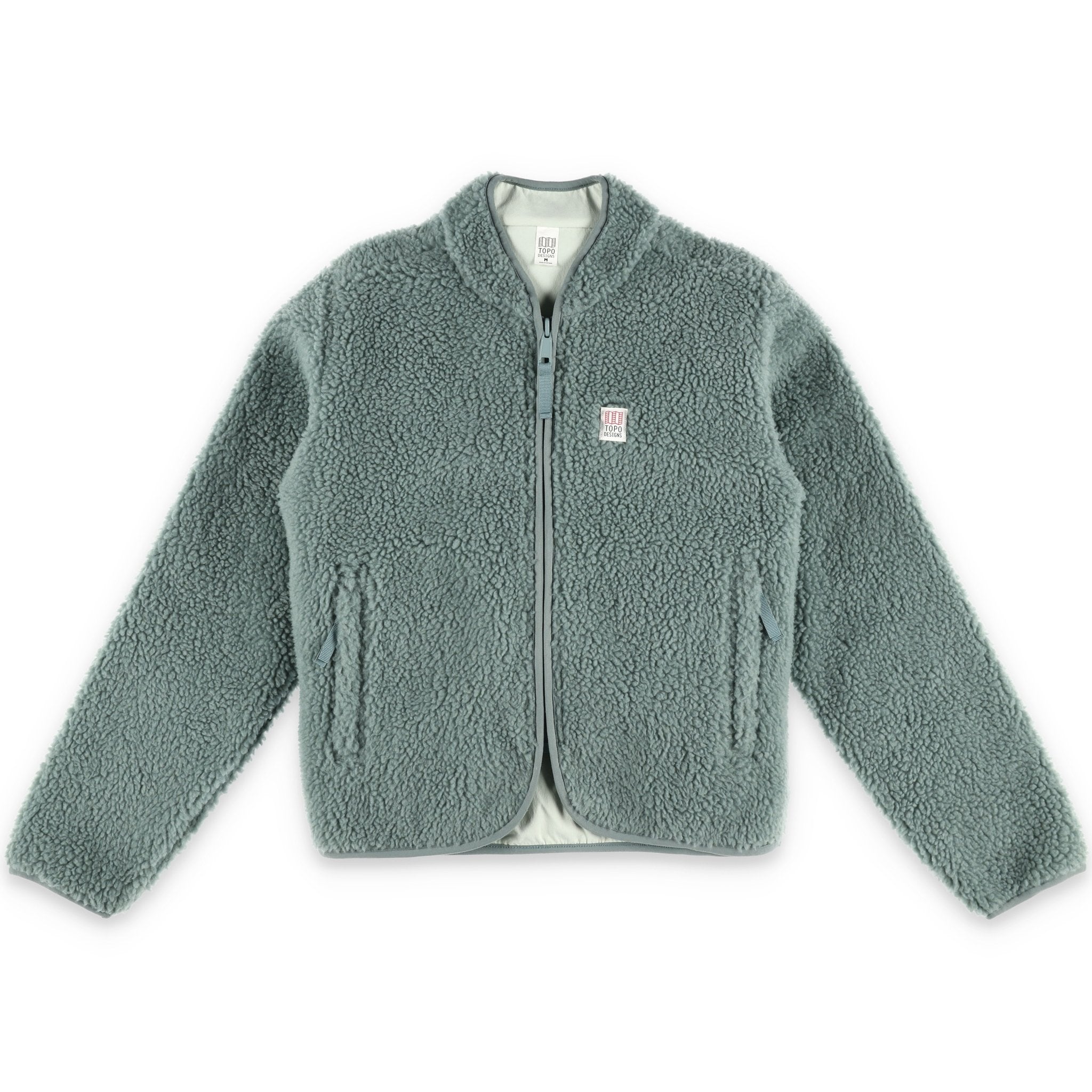 Topo Designs Women's sherpa fleece reversible jacket in "Slate Blue / Light Mint"