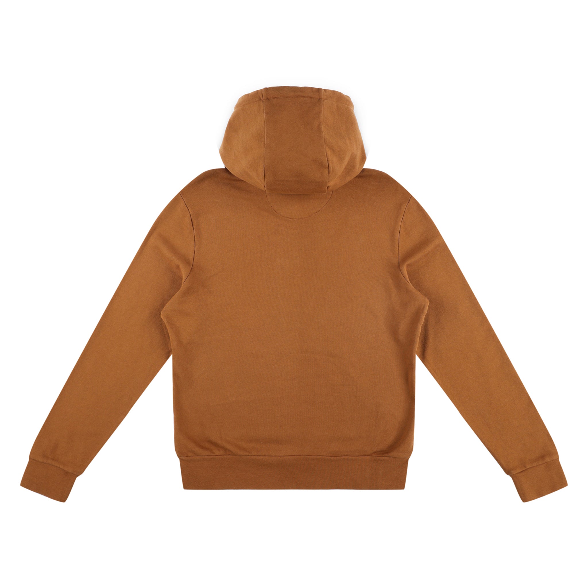 Back of Topo Designs Men's Dirt Hoodie 100% organic cotton French terry sweatshirt in "earth" brown.