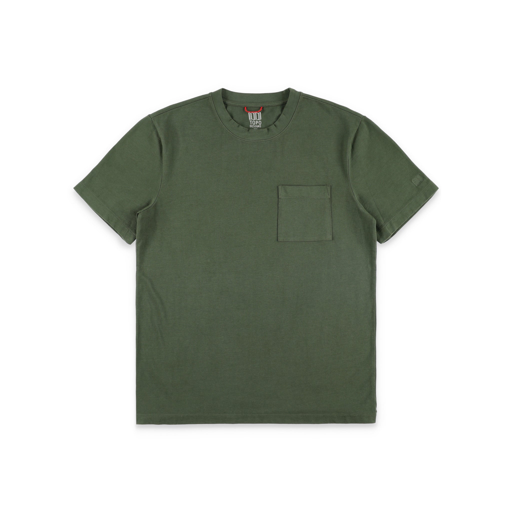 Topo Designs Men's Dirt Pocket Tee 100% organic cotton short sleeve t-shirt in "olive" green