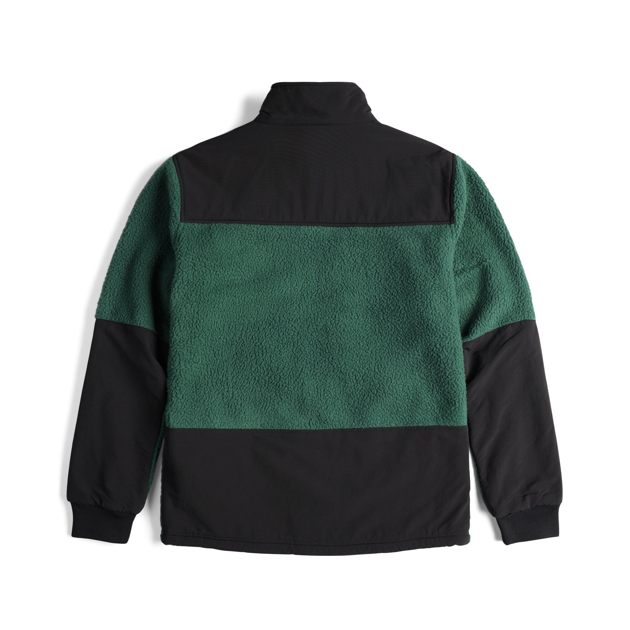 Back of Topo Designs Men's Subalpine Fleece jacket in "Forest / Black".