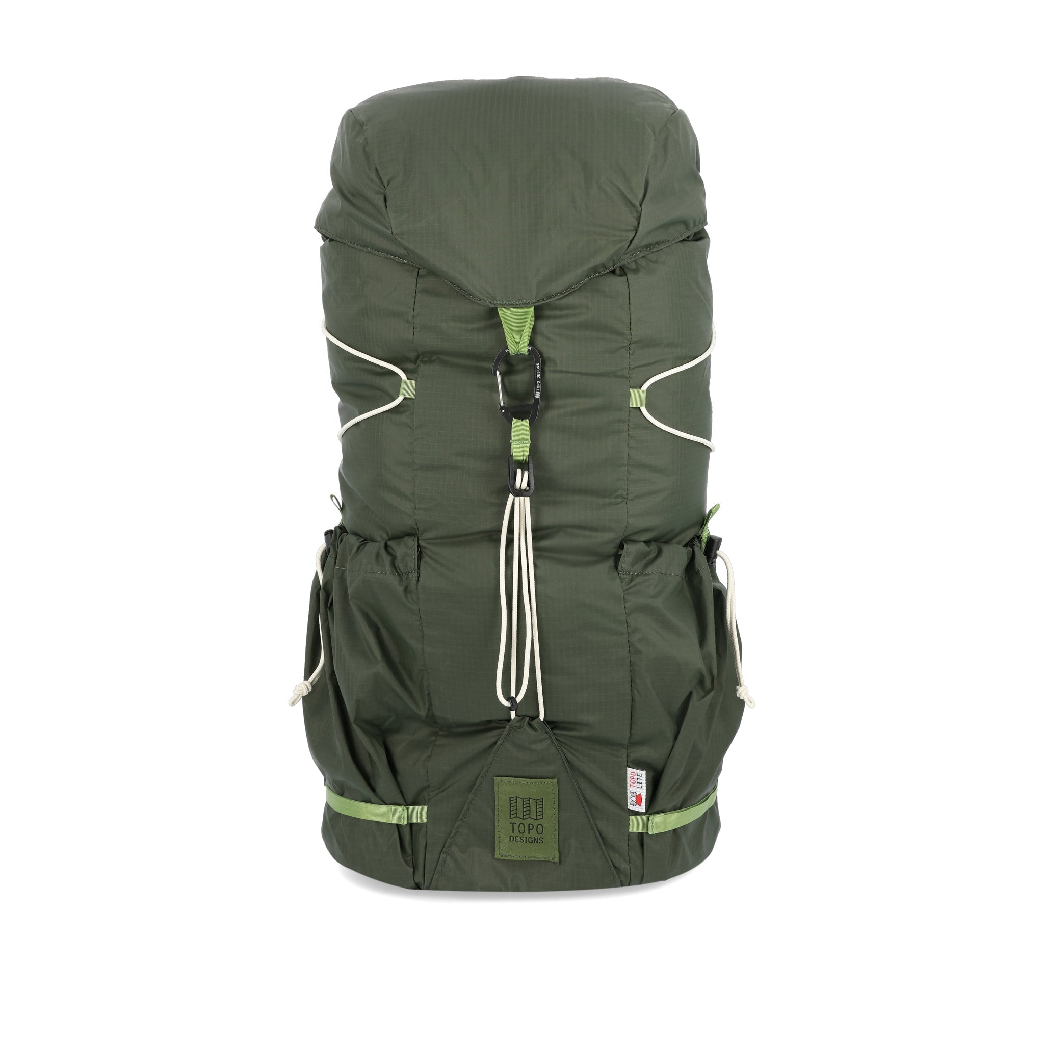 Topo Designs TopoLite Cinch Pack 16L packable daypack backpack for travel in "olive" green.