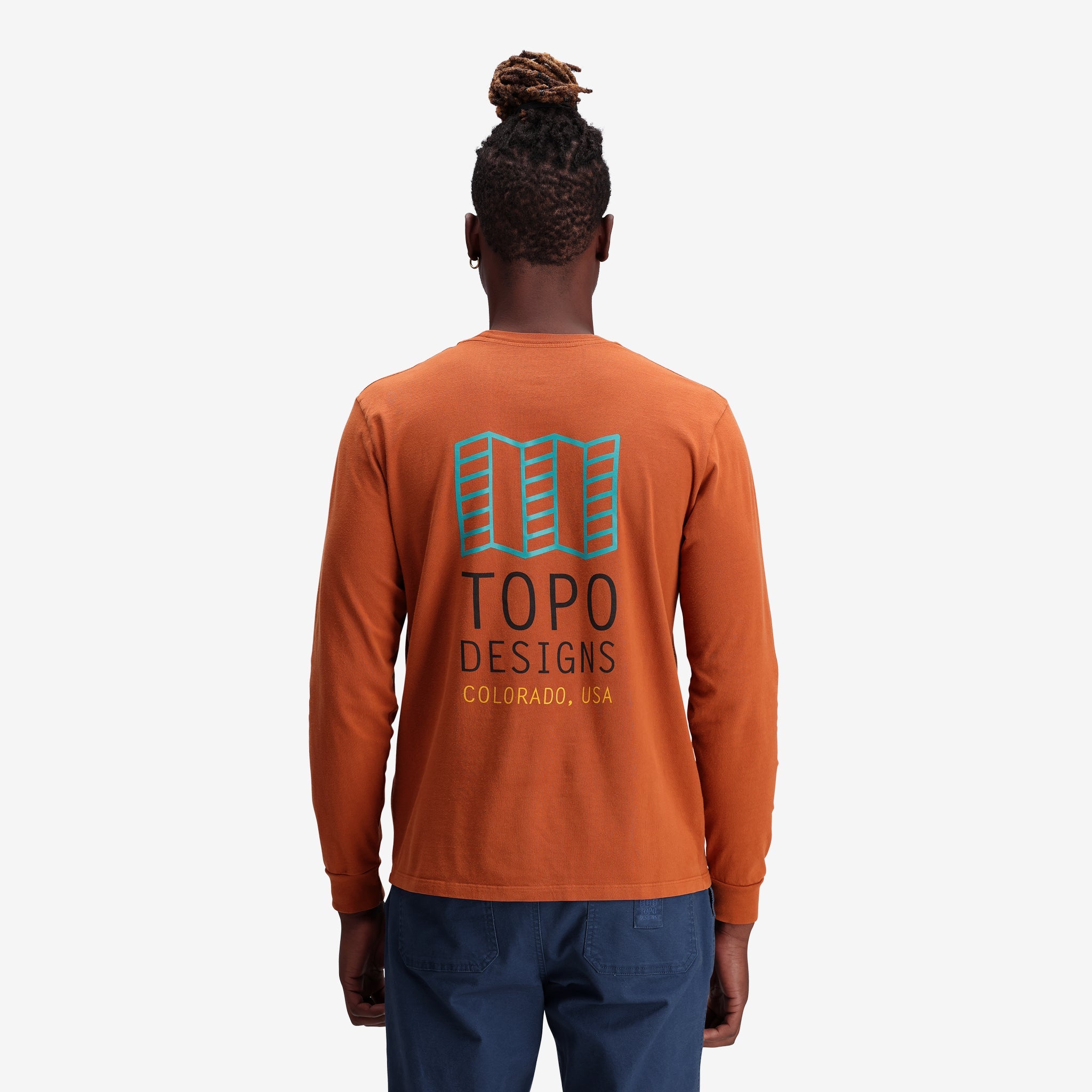 General shot of Topo Designs Men's Large Logo Tee 100% organic cotton long sleeve t-shirt in "clay"