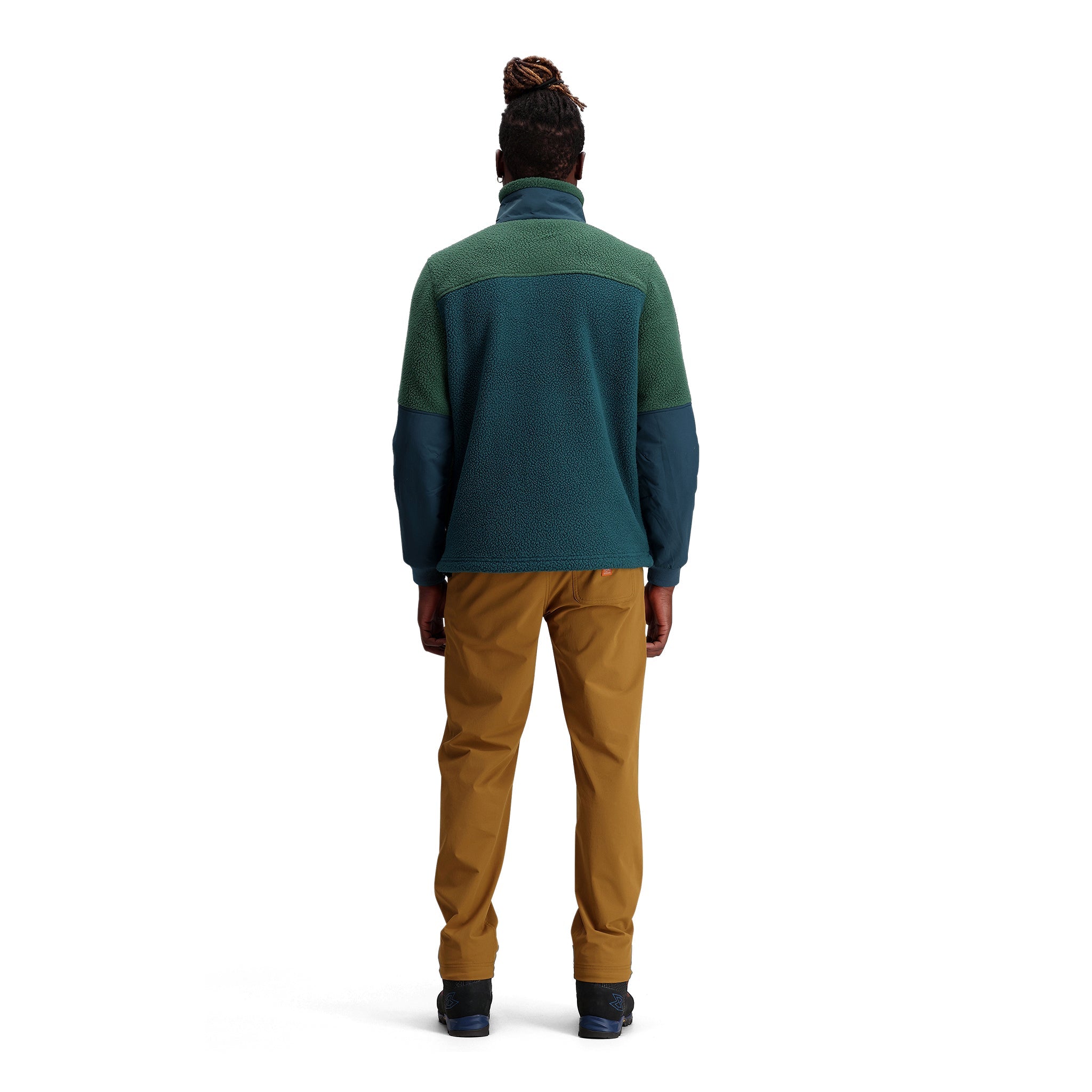 General shot of M Mountain Fleece Pullover in "Forest / Pond Blue"