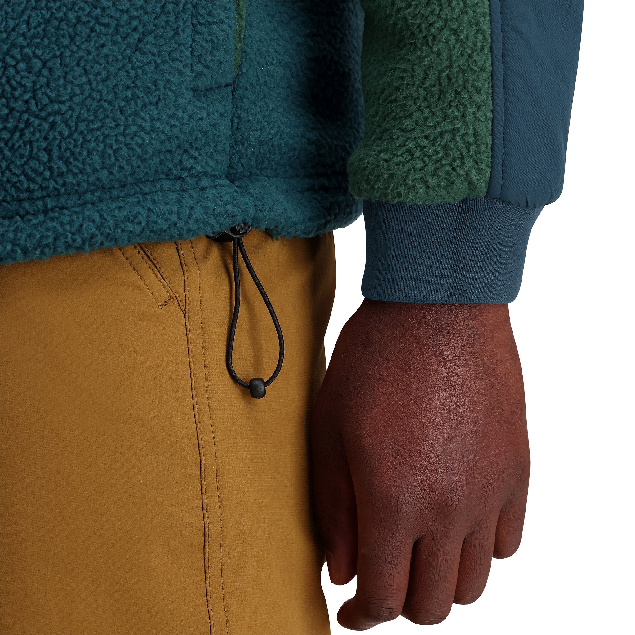 General shot of M Mountain Fleece Pullover in "Forest / Pond Blue"