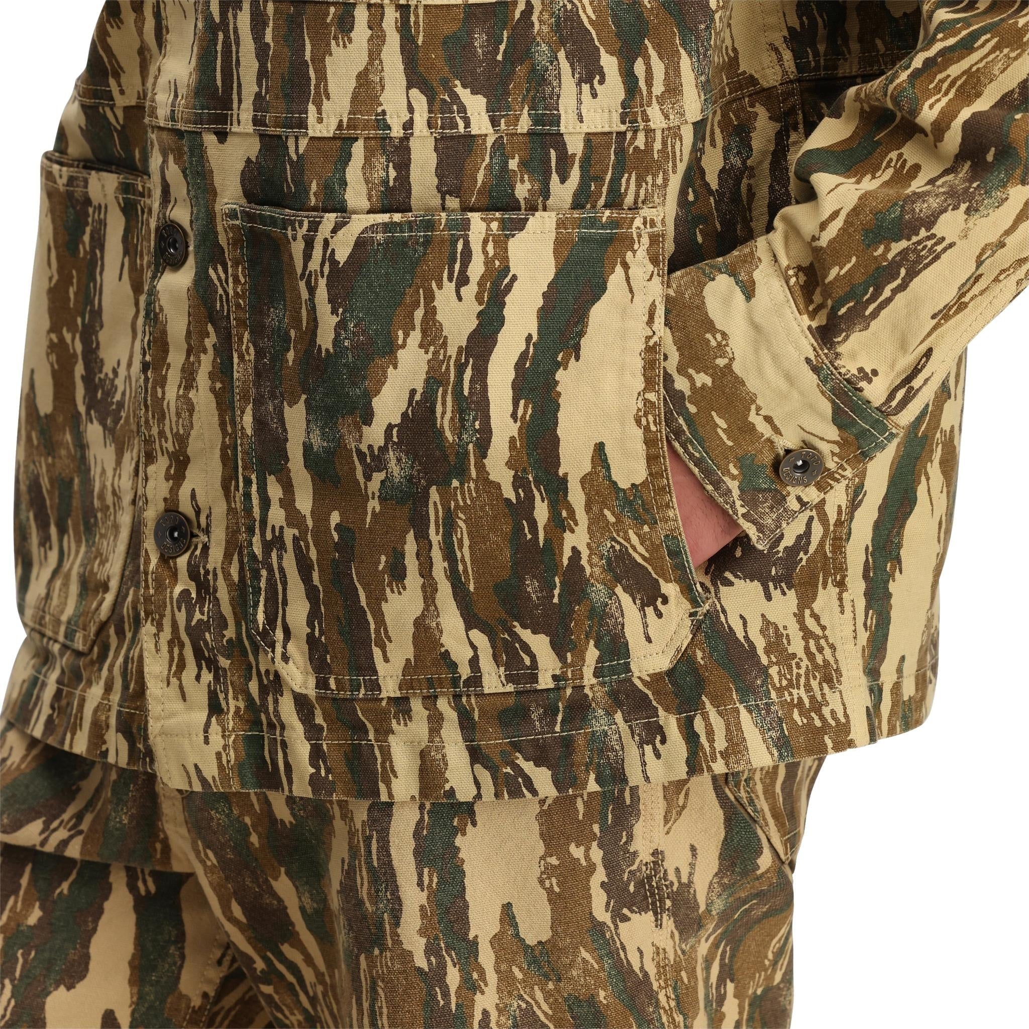 Detail shot of Topo Designs Dirt Utility Jacket - Men's  in "Dirt Camo Print"