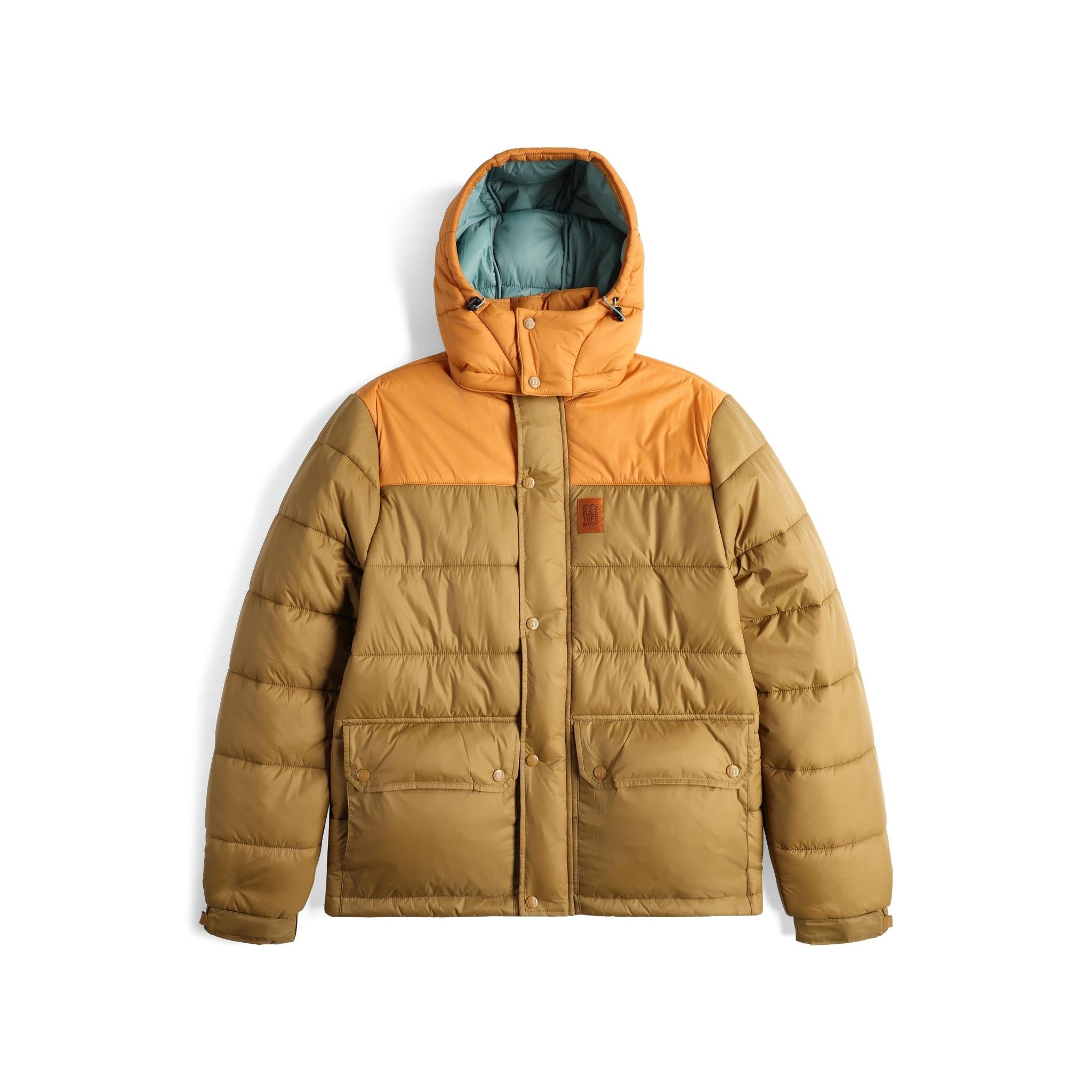 Front View of Topo Designs Retro Ridge Puffer Jacket - Men's  in "Dark Khaki / Spice"