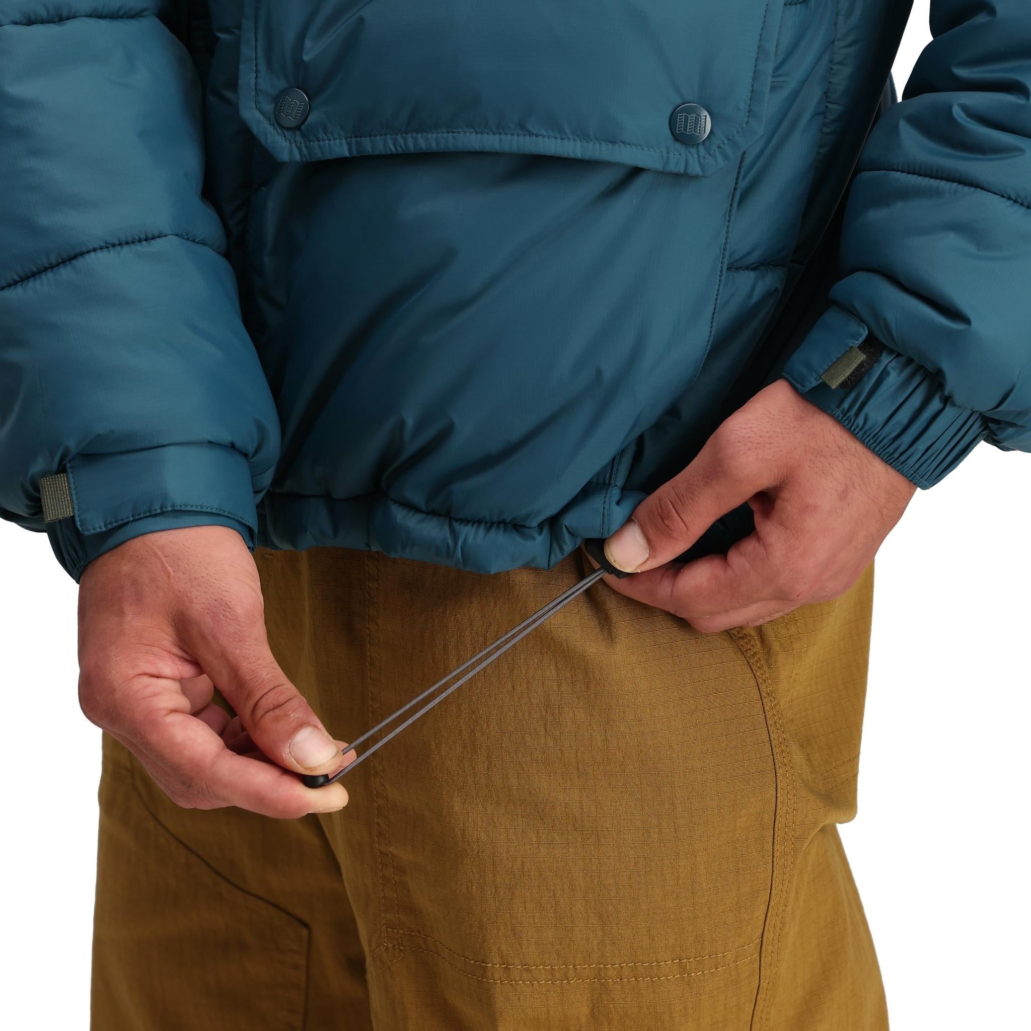 Detail shot of Topo Designs Retro Ridge Puffer Jacket - Men's  in "Pond Blue / Beetle"