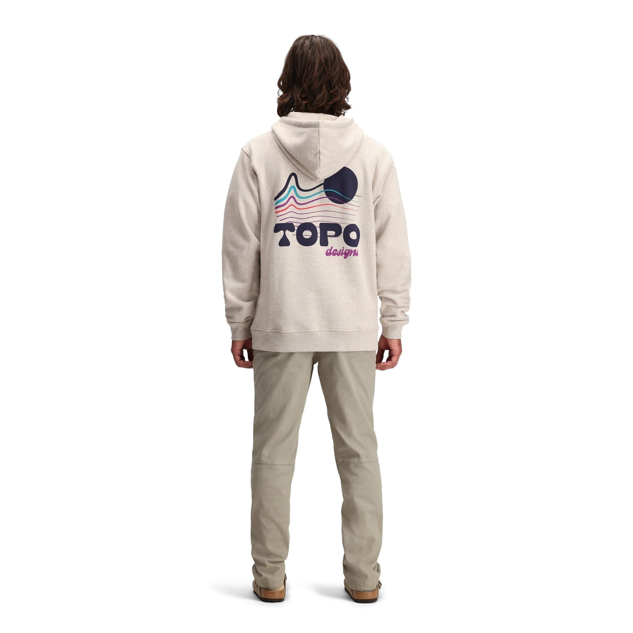 General back model shot of Topo Designs Alpine High Hoodie - Heat Waves in "Oatmeal Heather"