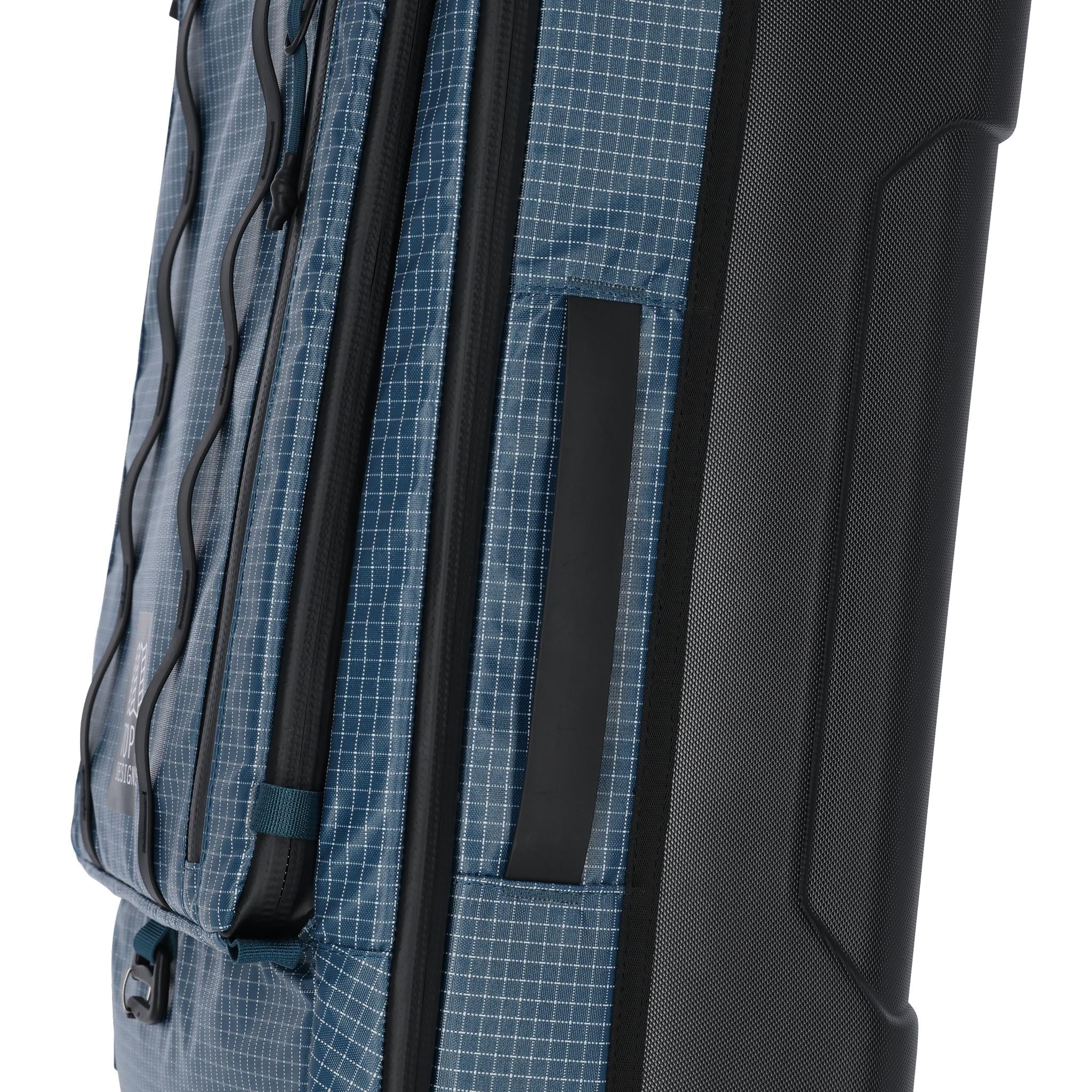 Detail shot of Topo Designs Apex Travel Roller Bag in "Pond Blue"