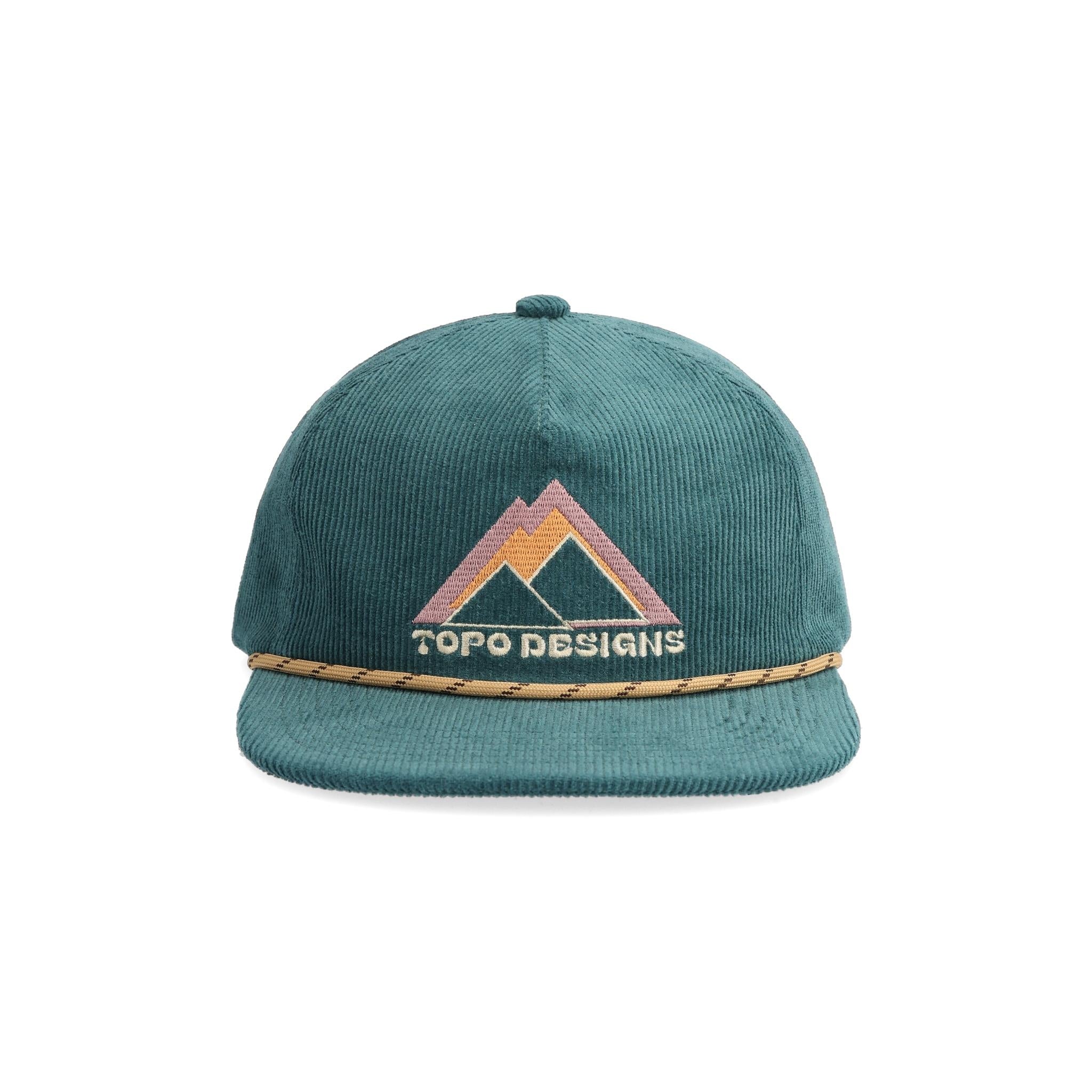 Front View of Topo Designs Corduroy Trucker Hat - Peak Shadow in "Sea Pine"