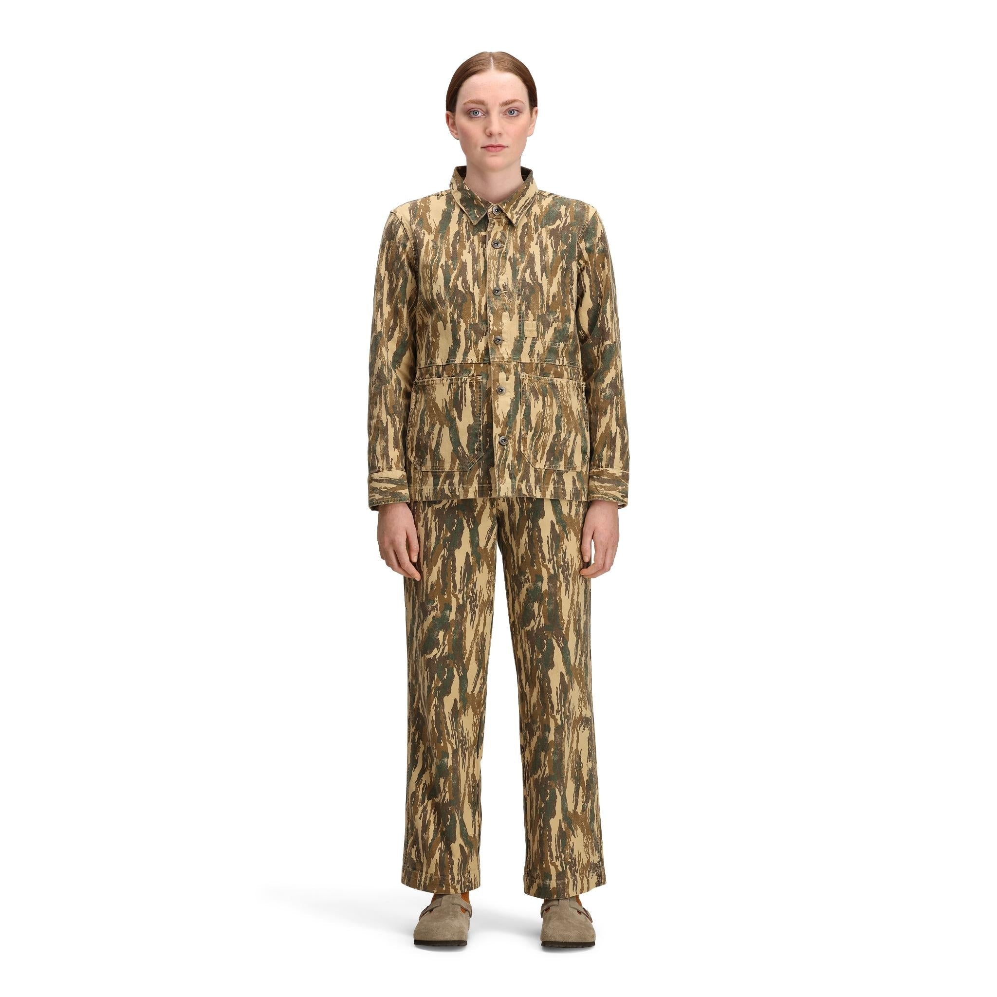 General front model shot of Topo Designs Dirt Utility Pants - Women's  in "Dirt Camo Print"