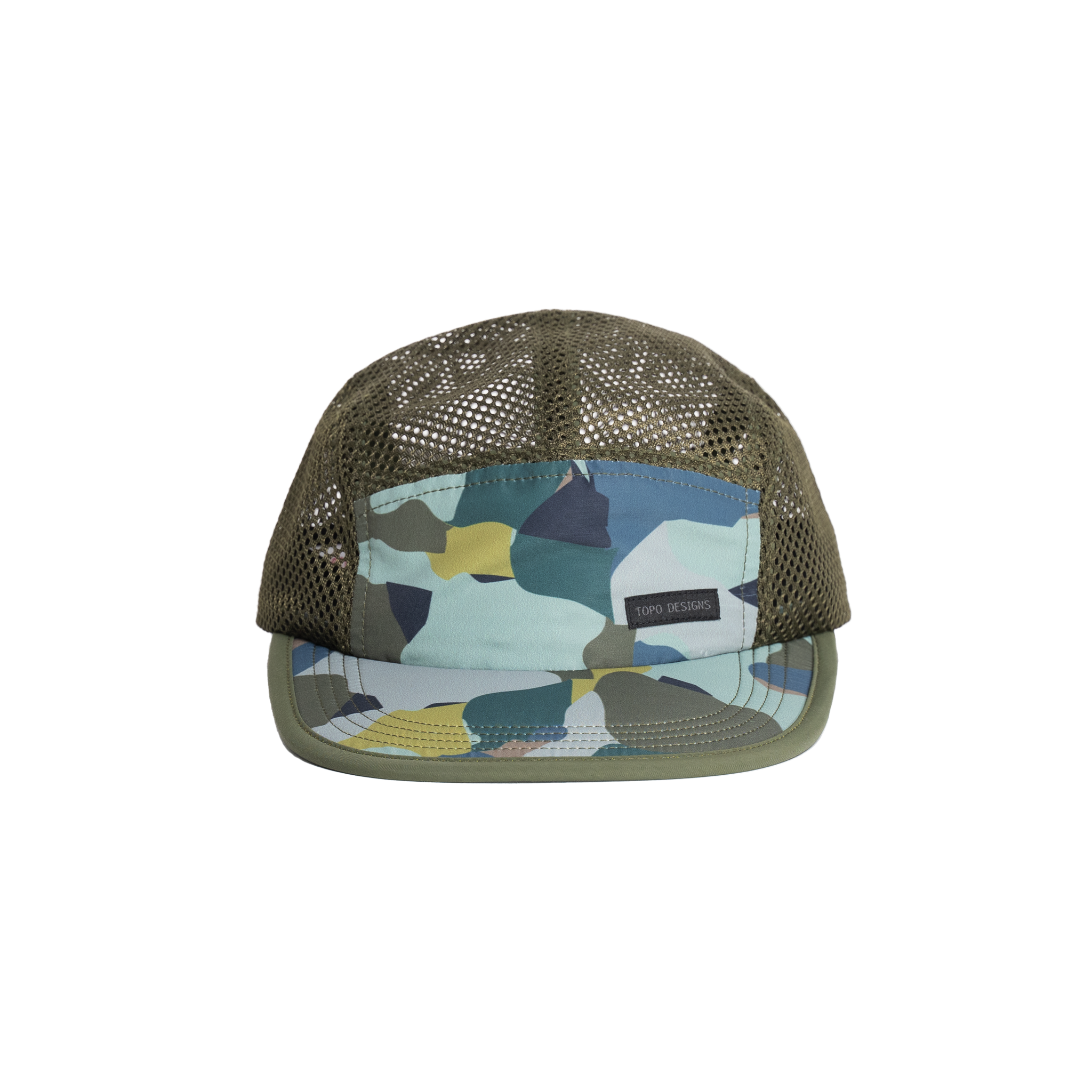 Front shot of Topo Designs Global mesh back Hat in "Green Camo" green. Unstructured 5-panel flexible brim packable hat.