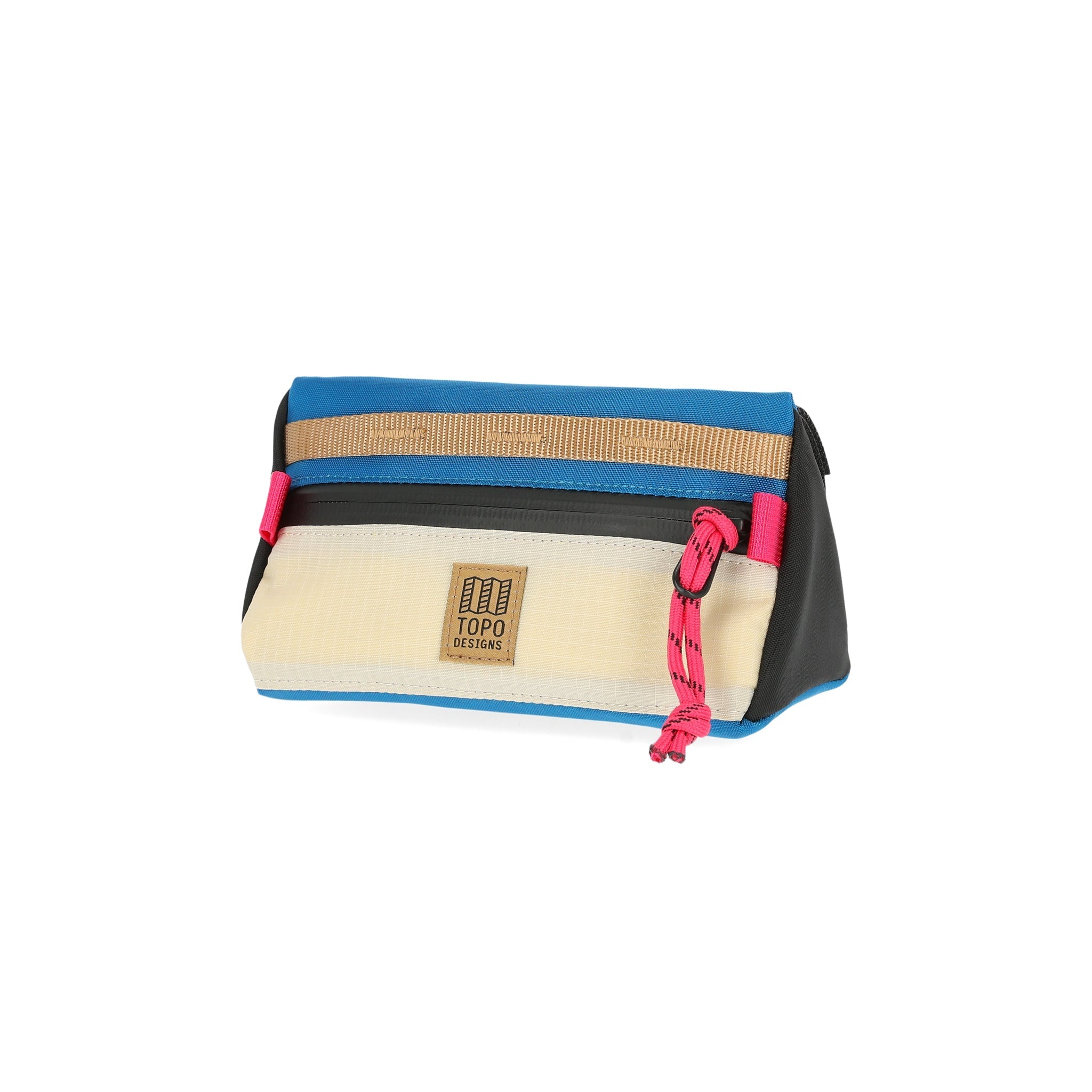 Topo Designs Bike Bag Mini Mountain bicycle handlebar bag in "Bone White / Blue" lightweight recycled nylon.