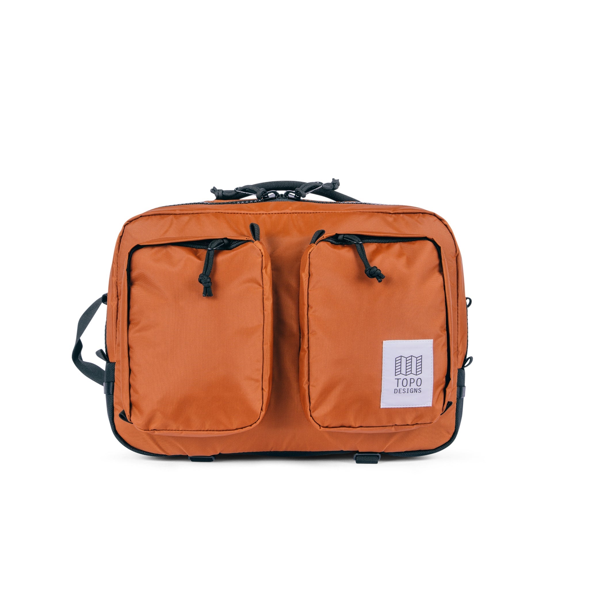 Topo Designs Global Briefcase convertible laptop travel backpack in recycled "Clay" orange nylon.