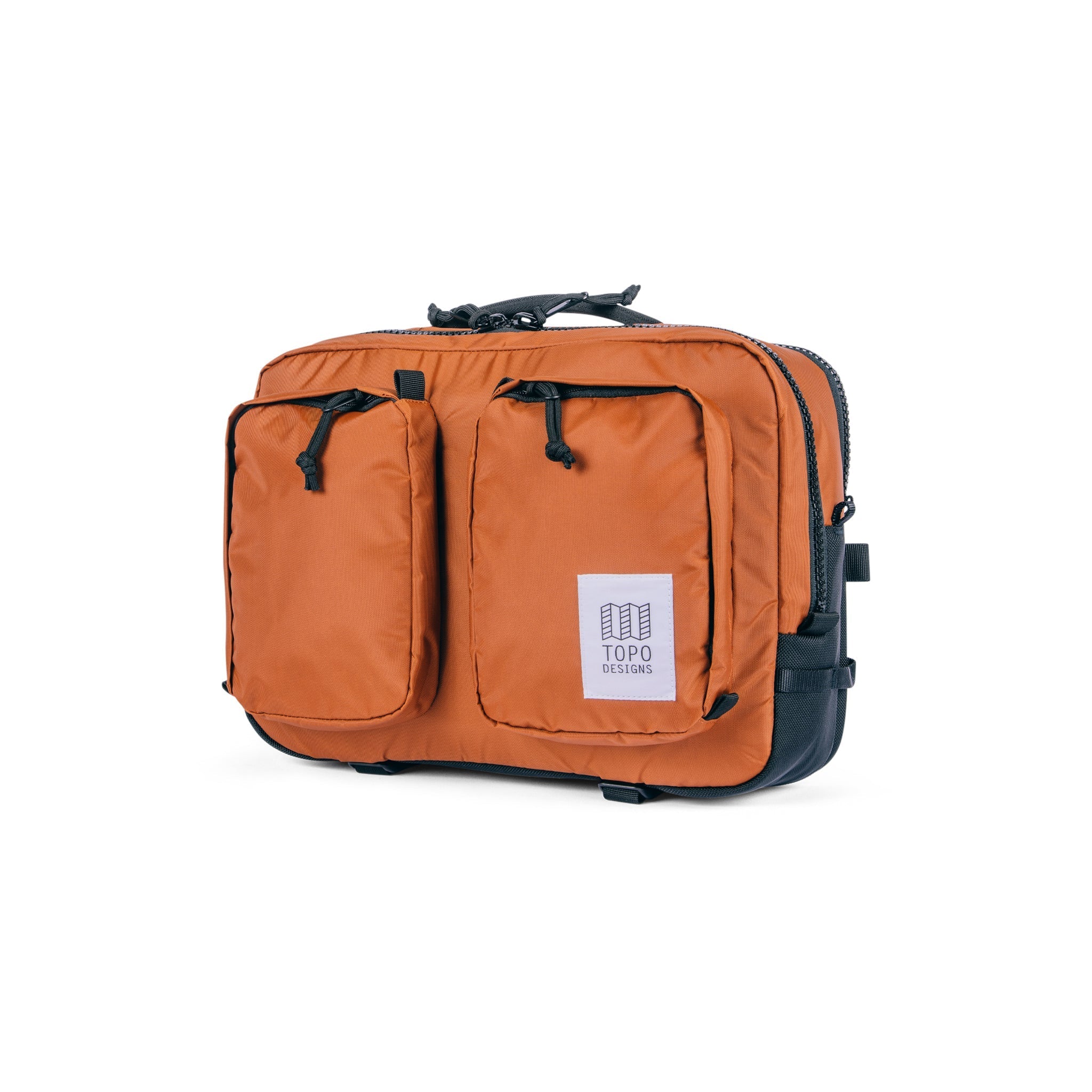 Topo Designs Global Briefcase convertible laptop travel backpack in recycled "Clay" orange nylon.