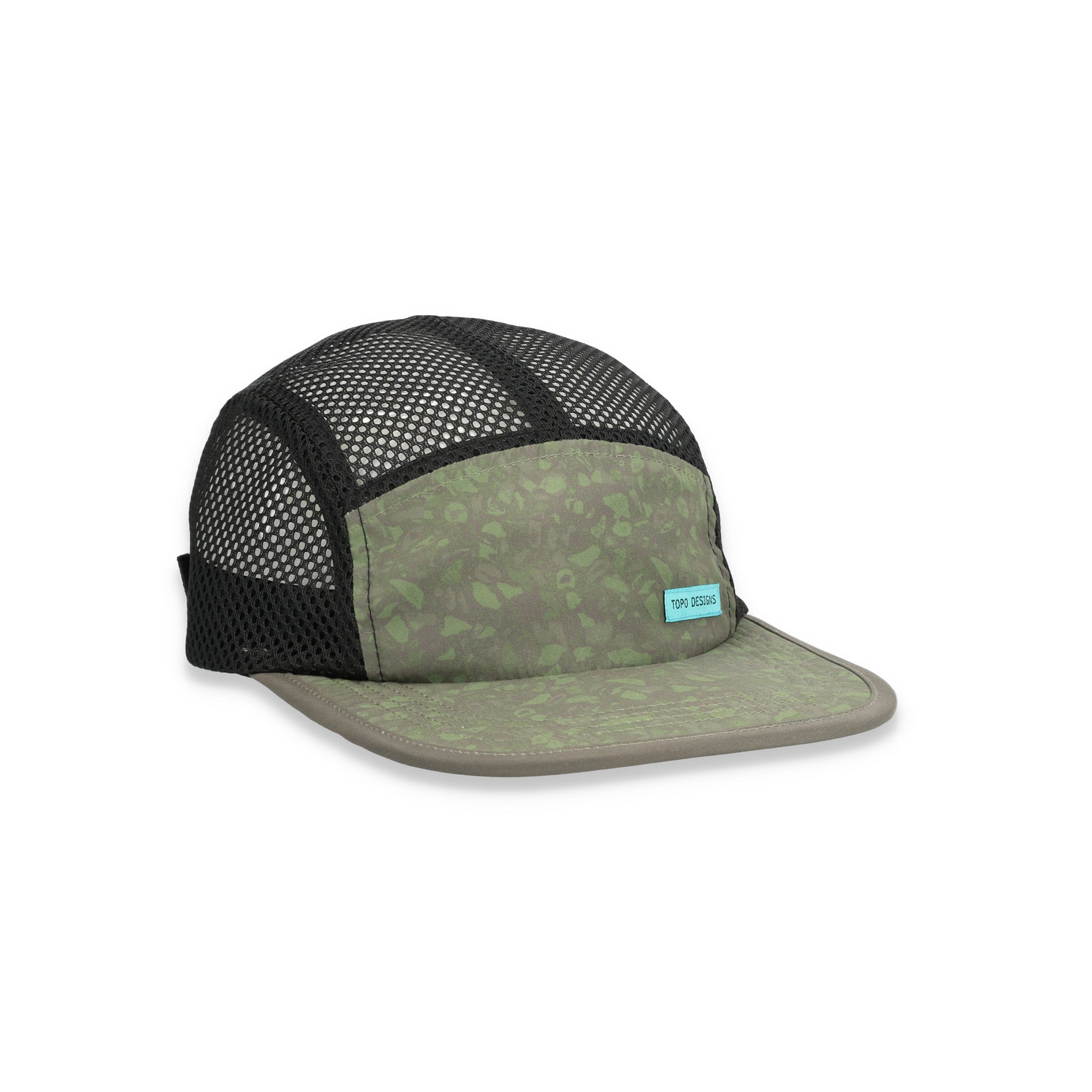 Topo Designs Global mesh back Hat in olive green terrazzo print. Unstructured 5-panel flexible brim packable hat.