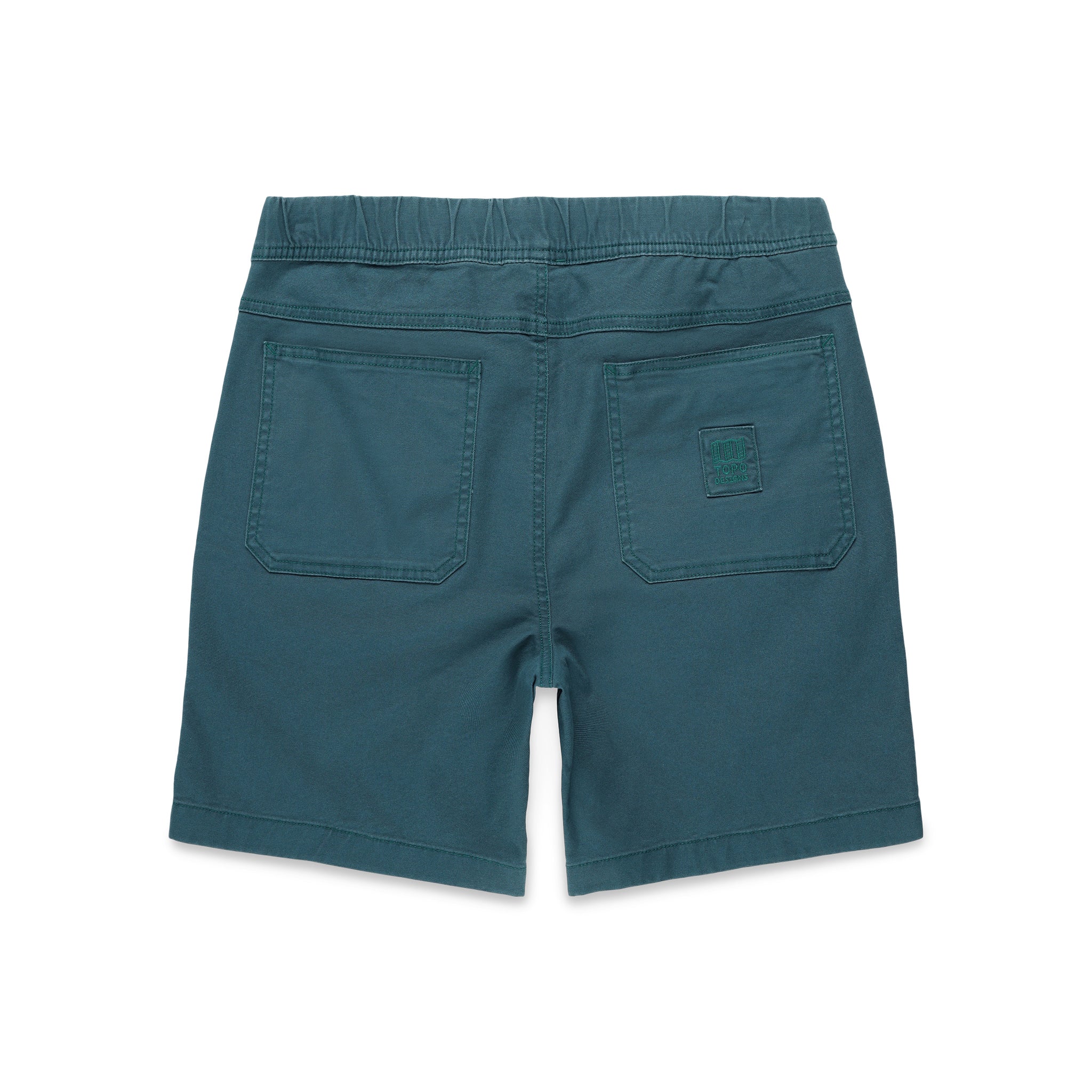 Back pockets on Topo Designs Men's drawstring Dirt Shorts 100% organic cotton in "Pond Blue".