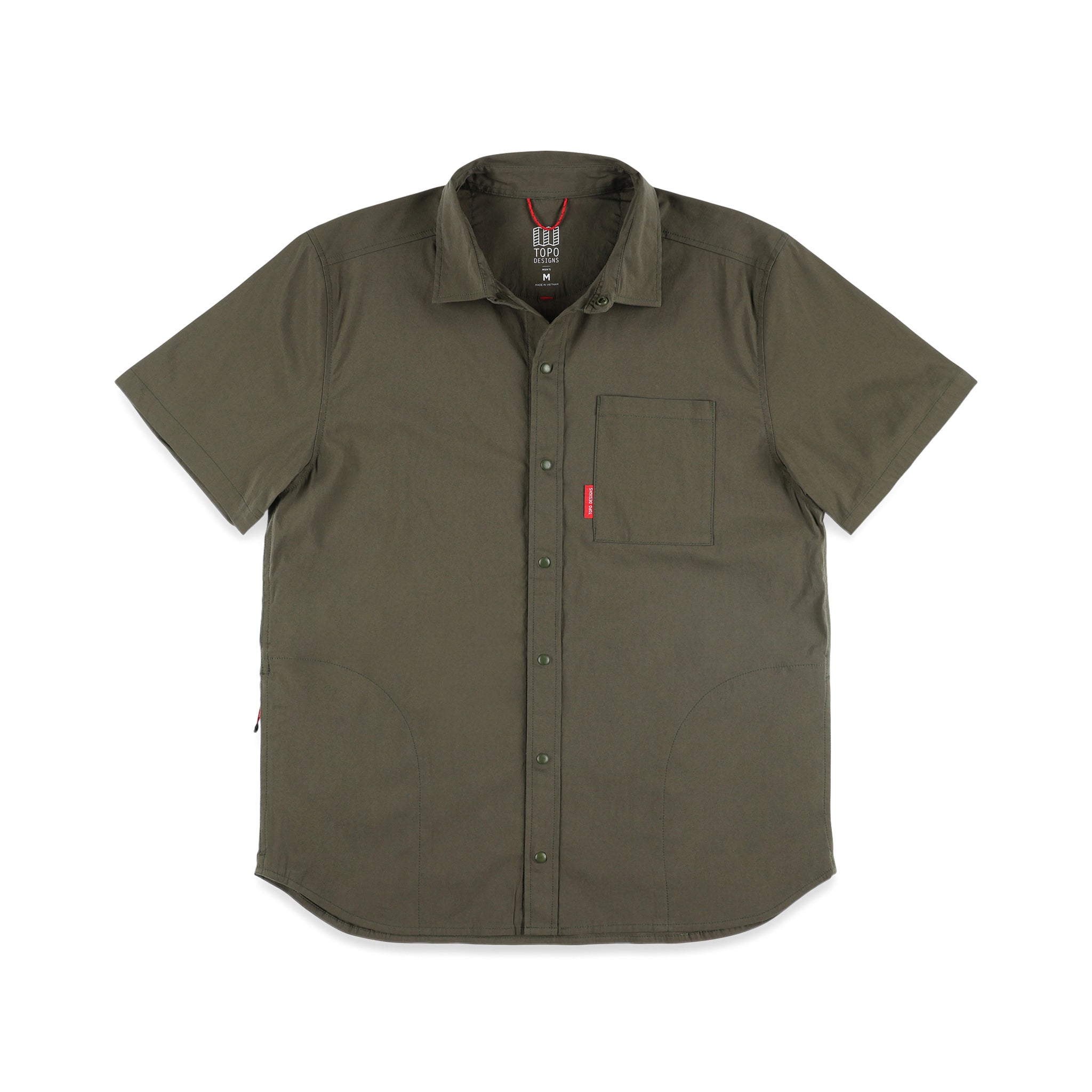 Topo Designs Men's Global Shirt Short Sleeve 30+ UPF rated travel shirt in "Olive" green.