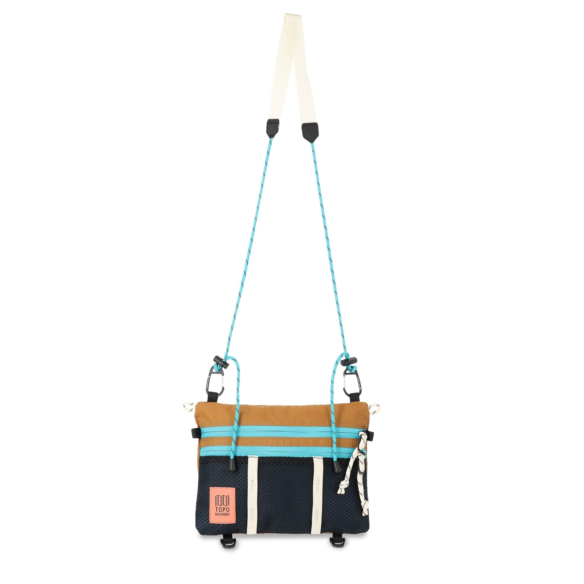 Topo Designs Mountain Accessory crossbody Shoulder Bag in brown "Khaki / Pond Blue" lightweight recycled nylon.