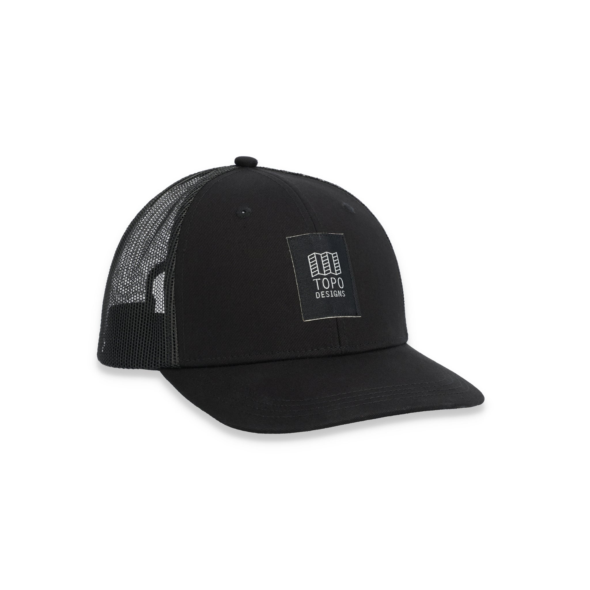 Topo Designs Trucker Hat with mesh back and original logo patch in "Black".