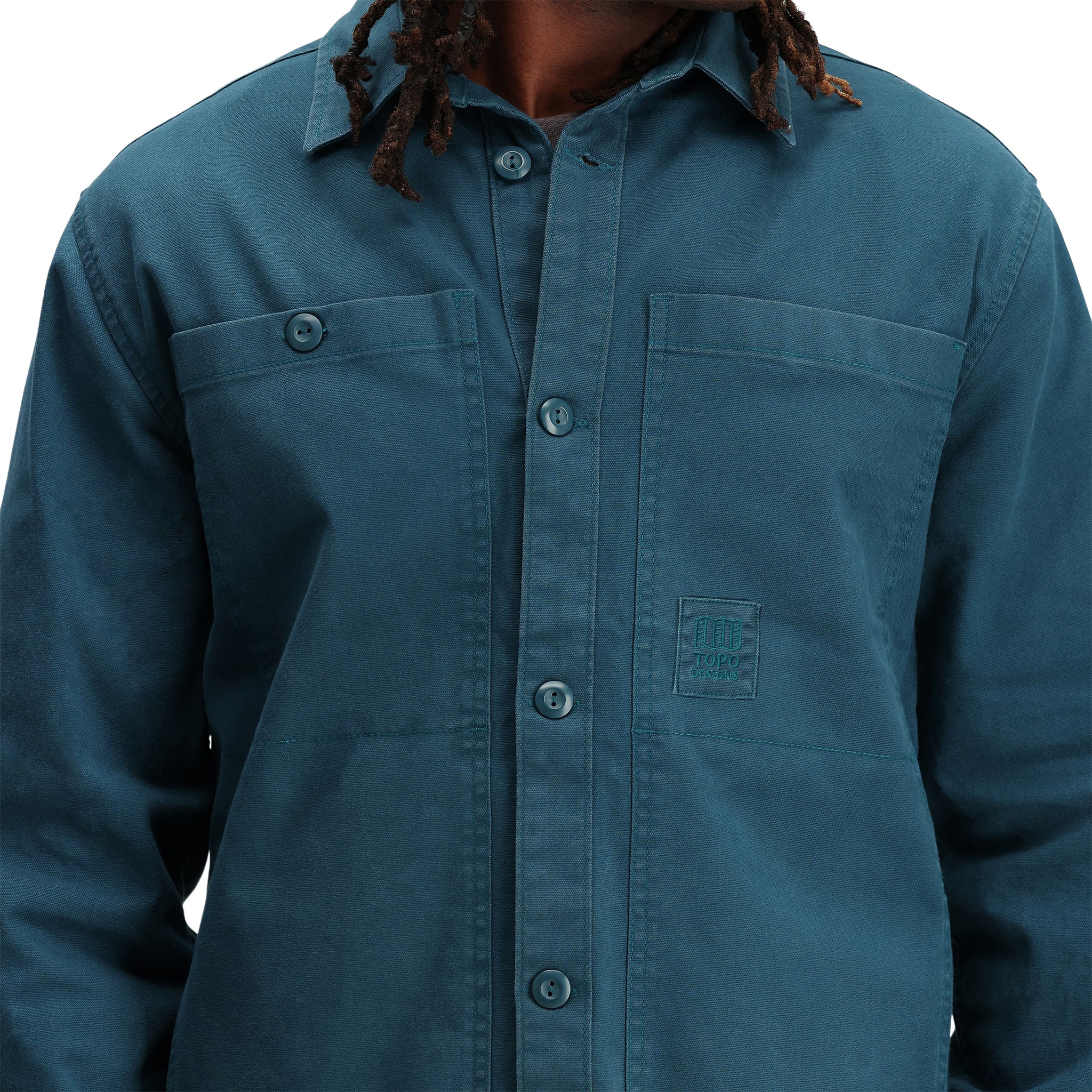 Detail shot of Topo Designs Men's Dirt shirt Jacket in "Pond Blue".