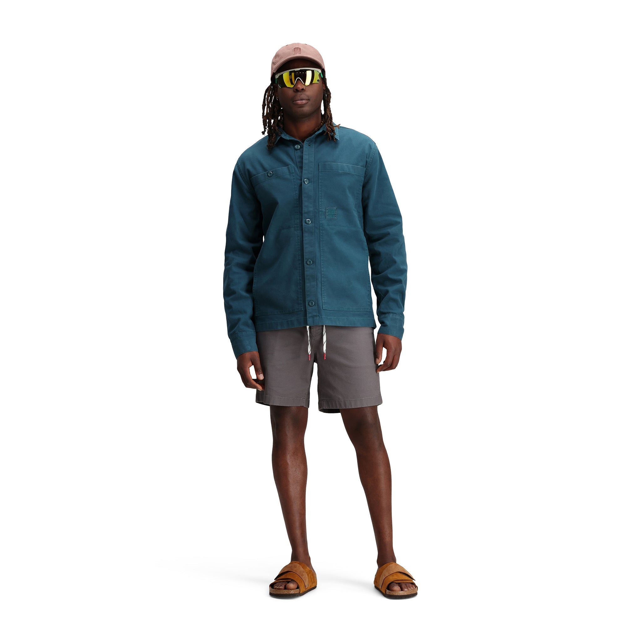 Topo Designs Men's Dirt shirt Jacket in "Pond Blue" on model.