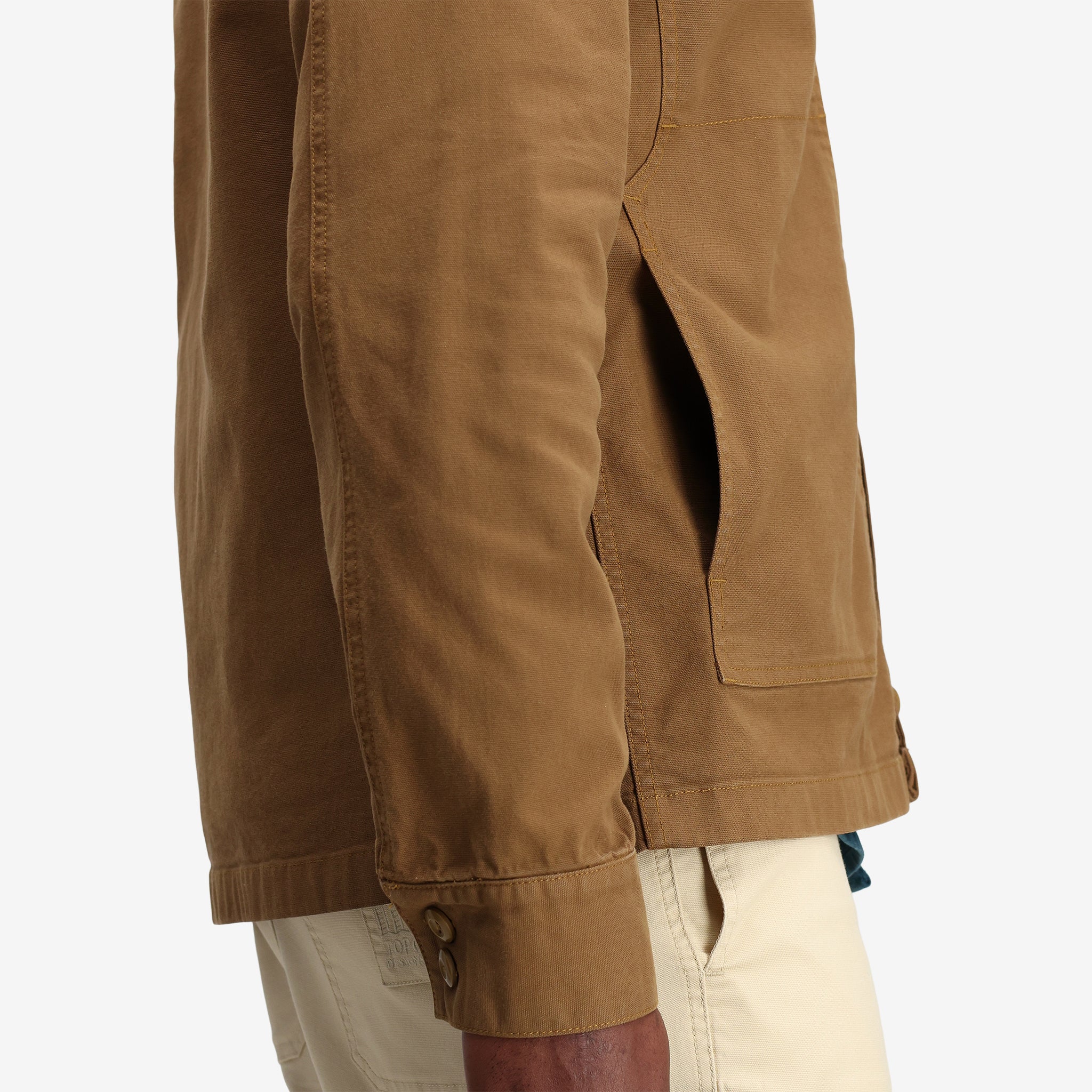 General detail shot of Topo Designs Men's Dirt shirt Jacket 100% organic cotton in "Dark Khaki".