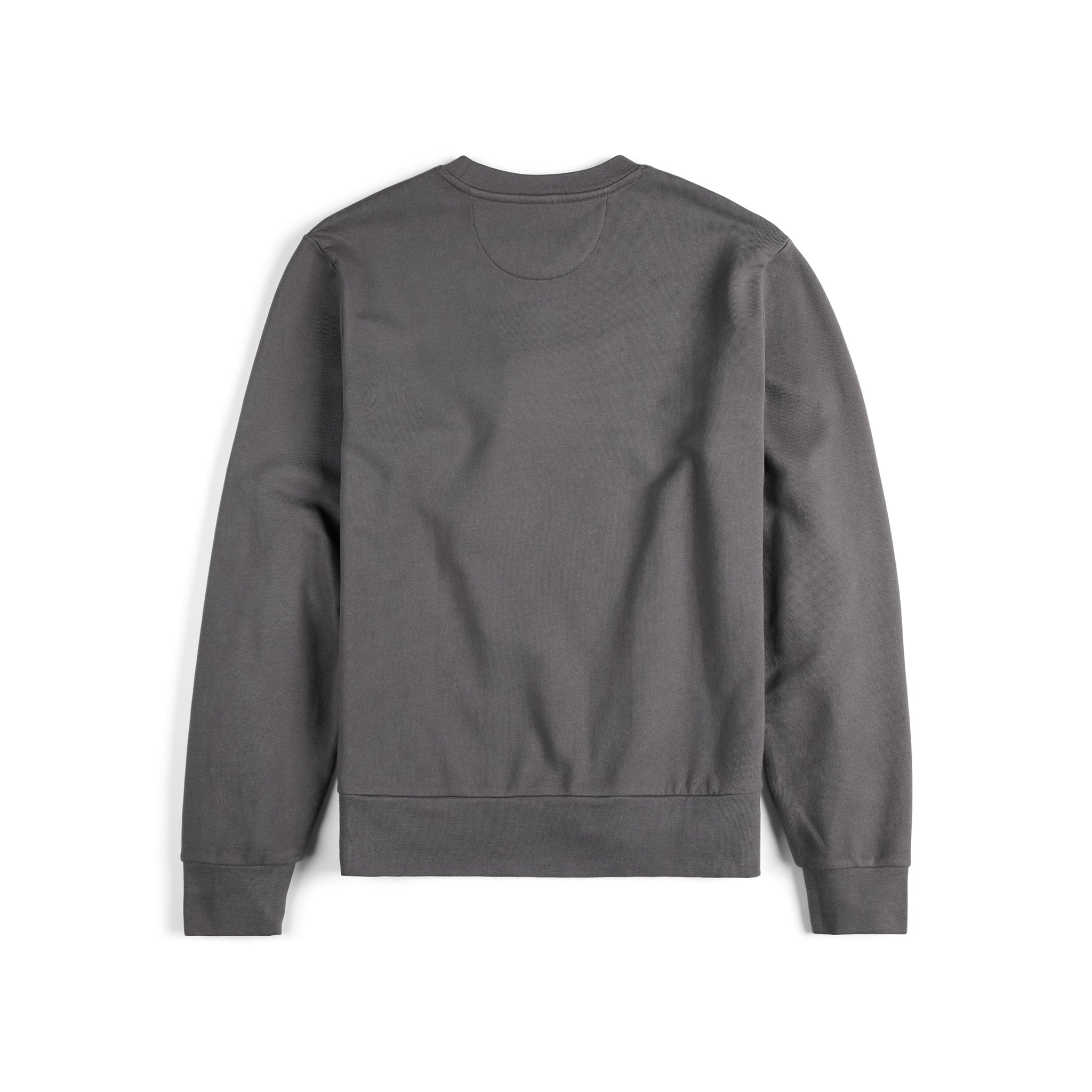 Topo Designs Men's Dirt Crew sweatshirt, view of the back, in 100% organic cotton in "charcoal" grey.