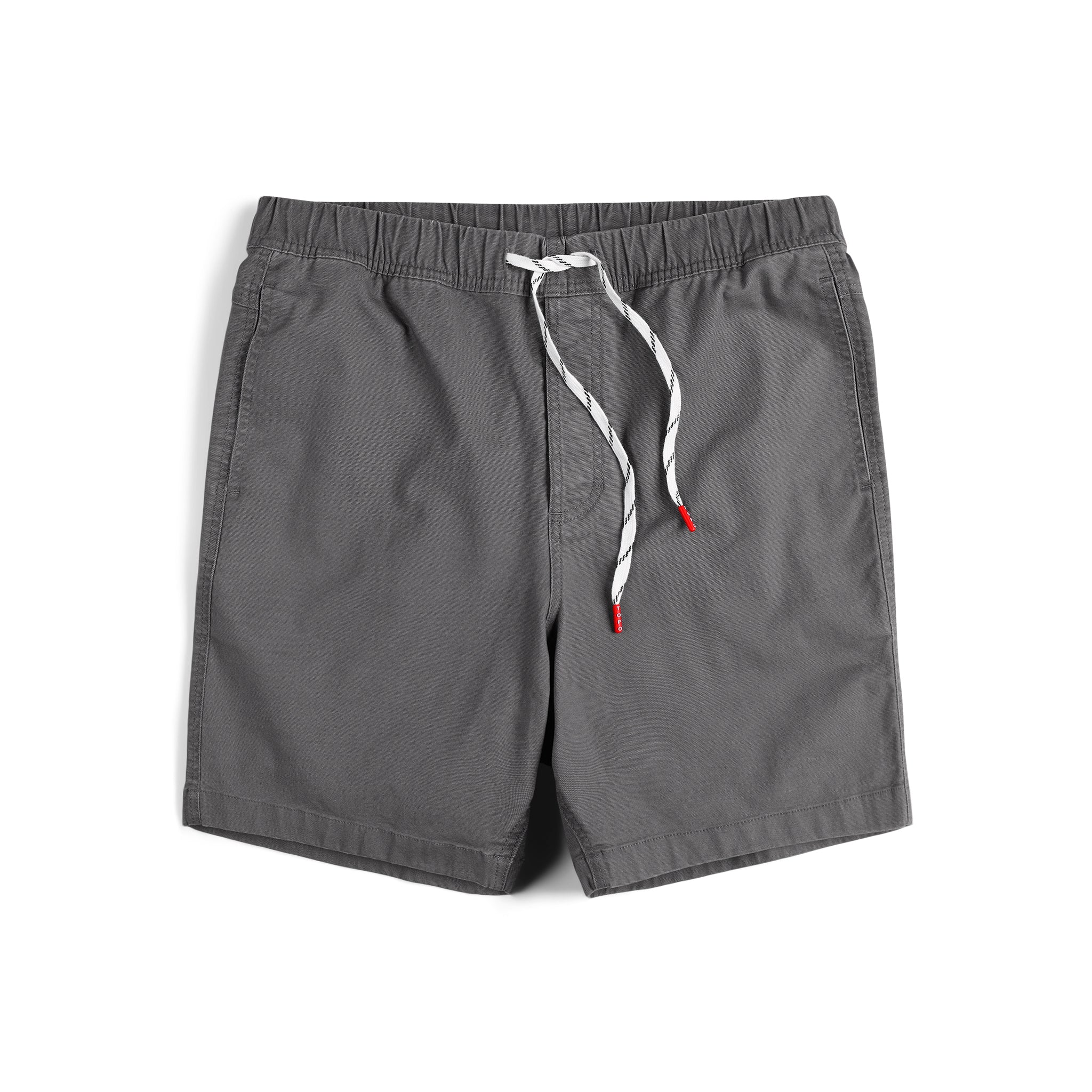 Topo Designs Men's drawstring Dirt Shorts 100% organic cotton in "Charcoal" gray.