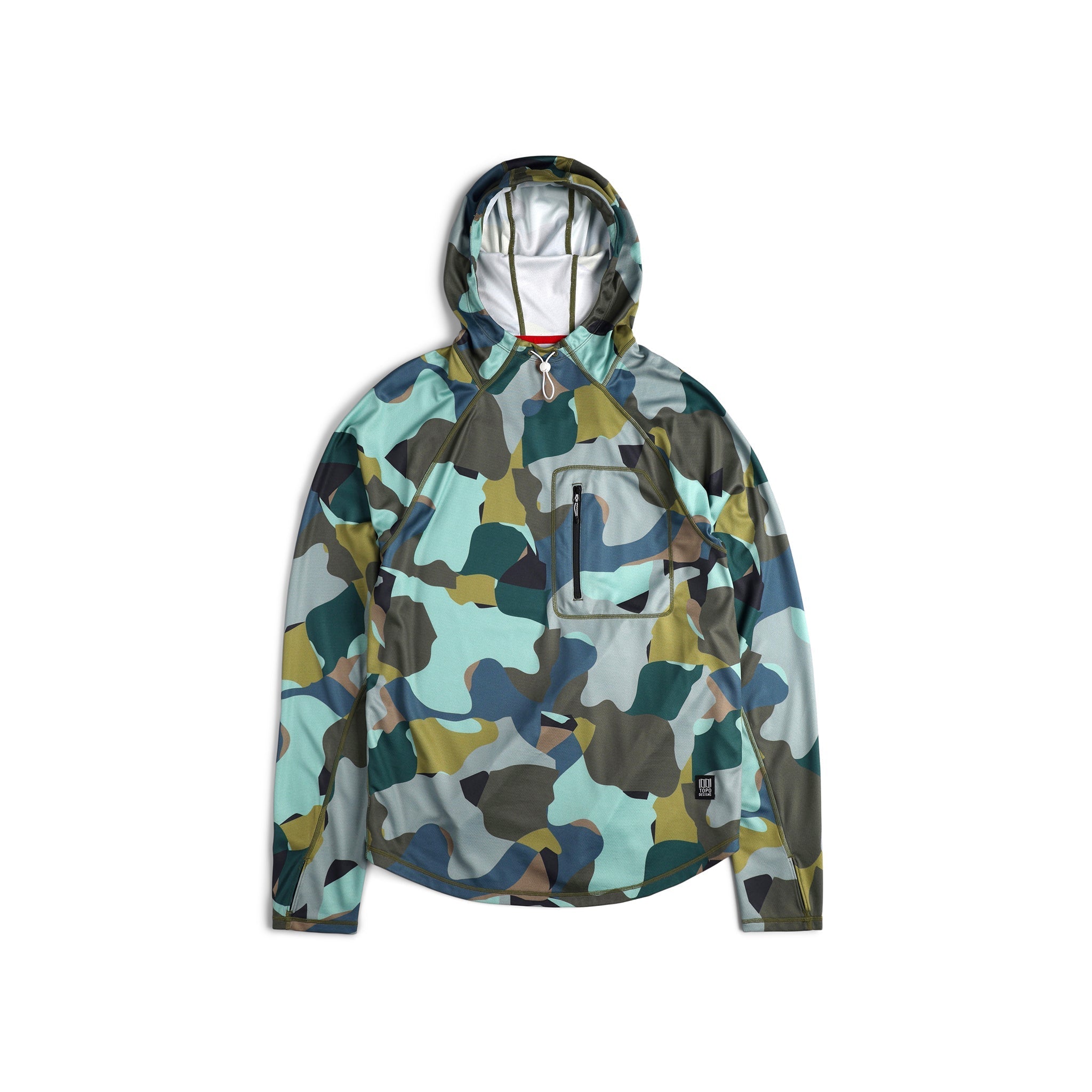 Topo Designs Men's River Hoodie 30+ UPF moisture wicking quick dry top in "Green Camo" green.