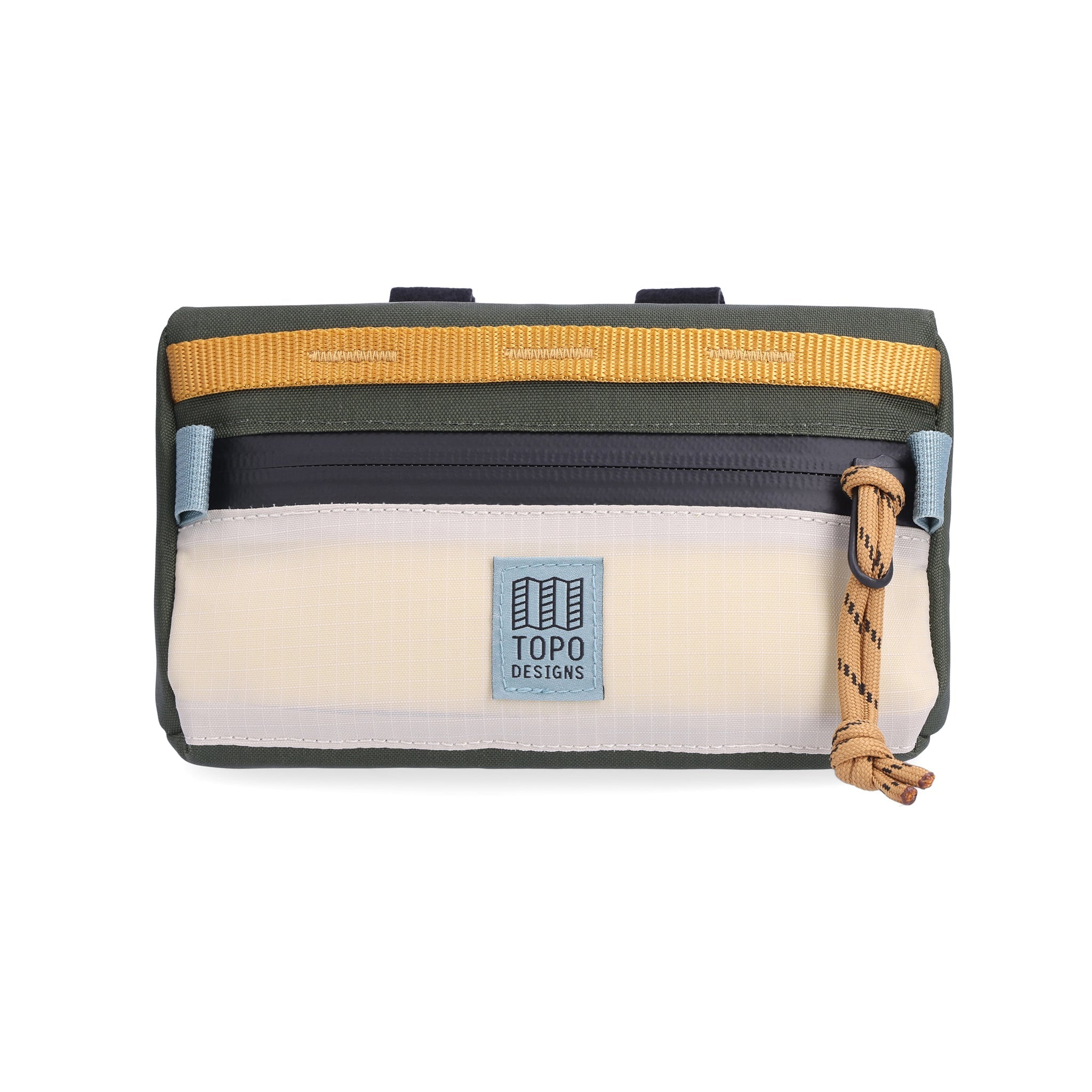 Topo Designs Bike Bag Mini Mountain bicycle handlebar bag in "Bone White / Olive" lightweight recycled nylon.