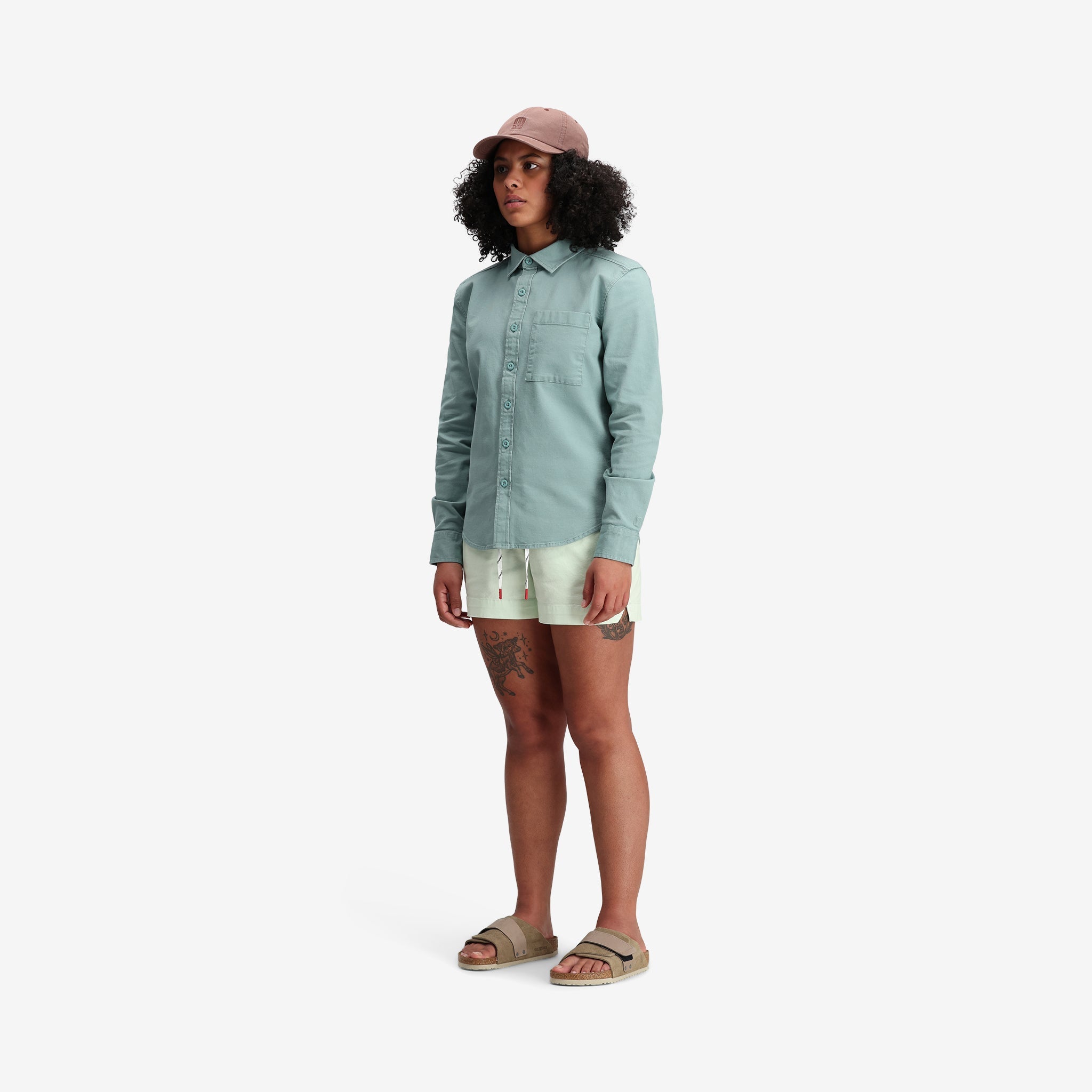 General model shot of Topo Designs Women's Dirt Shorts in "Light Mint".