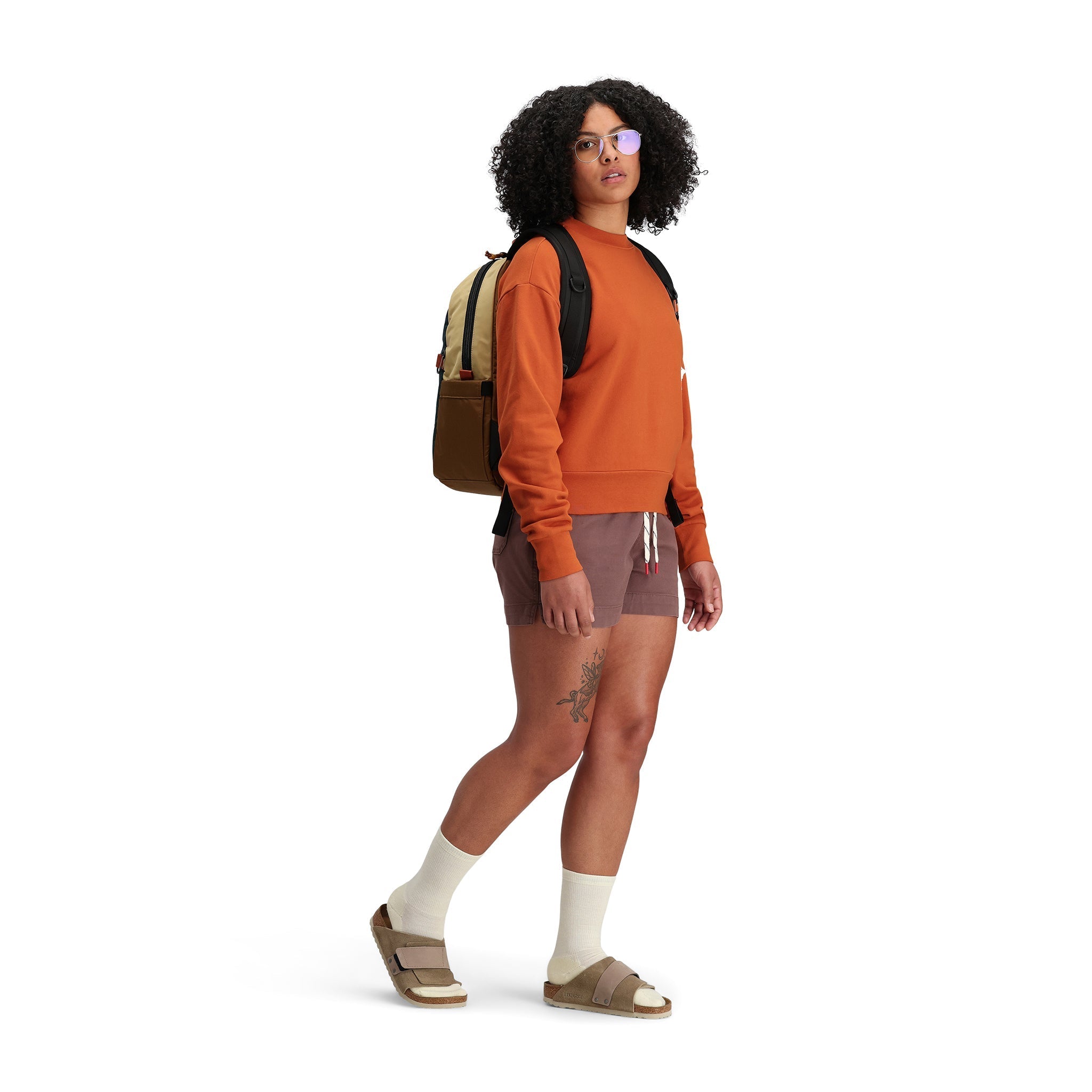 Model shot of Topo Designs Women's Dirt Shorts in "Peppercorn".