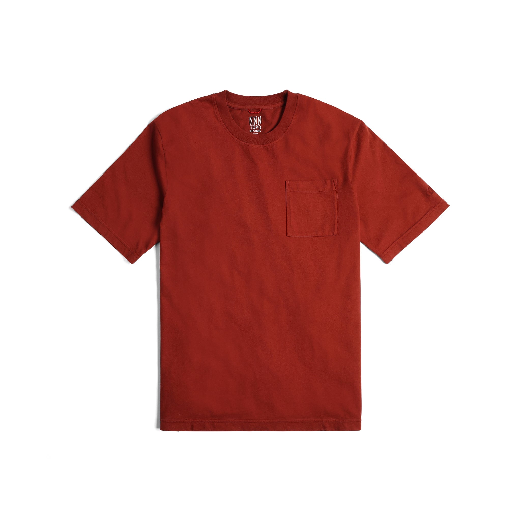 Front View of Topo Designs Dirt Pocket Tee - Men's in "Fire Brick"