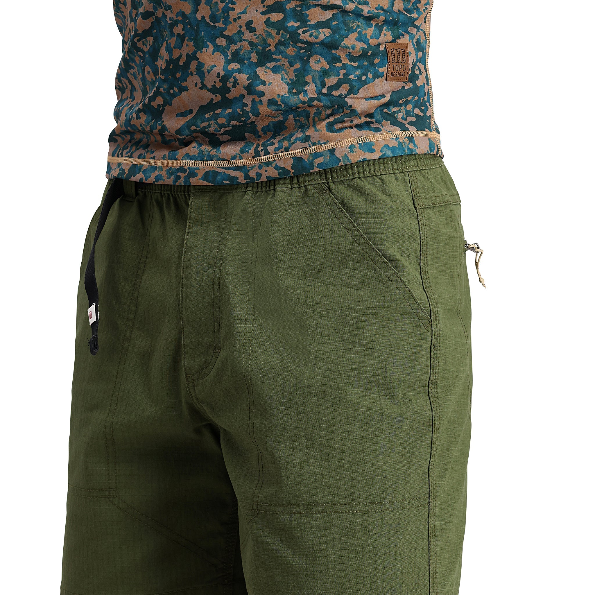 Detail shot of Topo Designs Mountain Short Ripstop - Men's in "Olive"