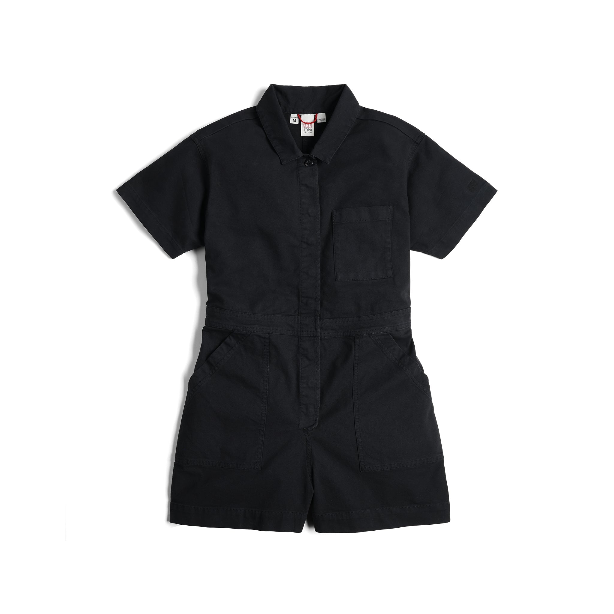 Front View of Topo Designs Dirt Romper - Women's in "Black"