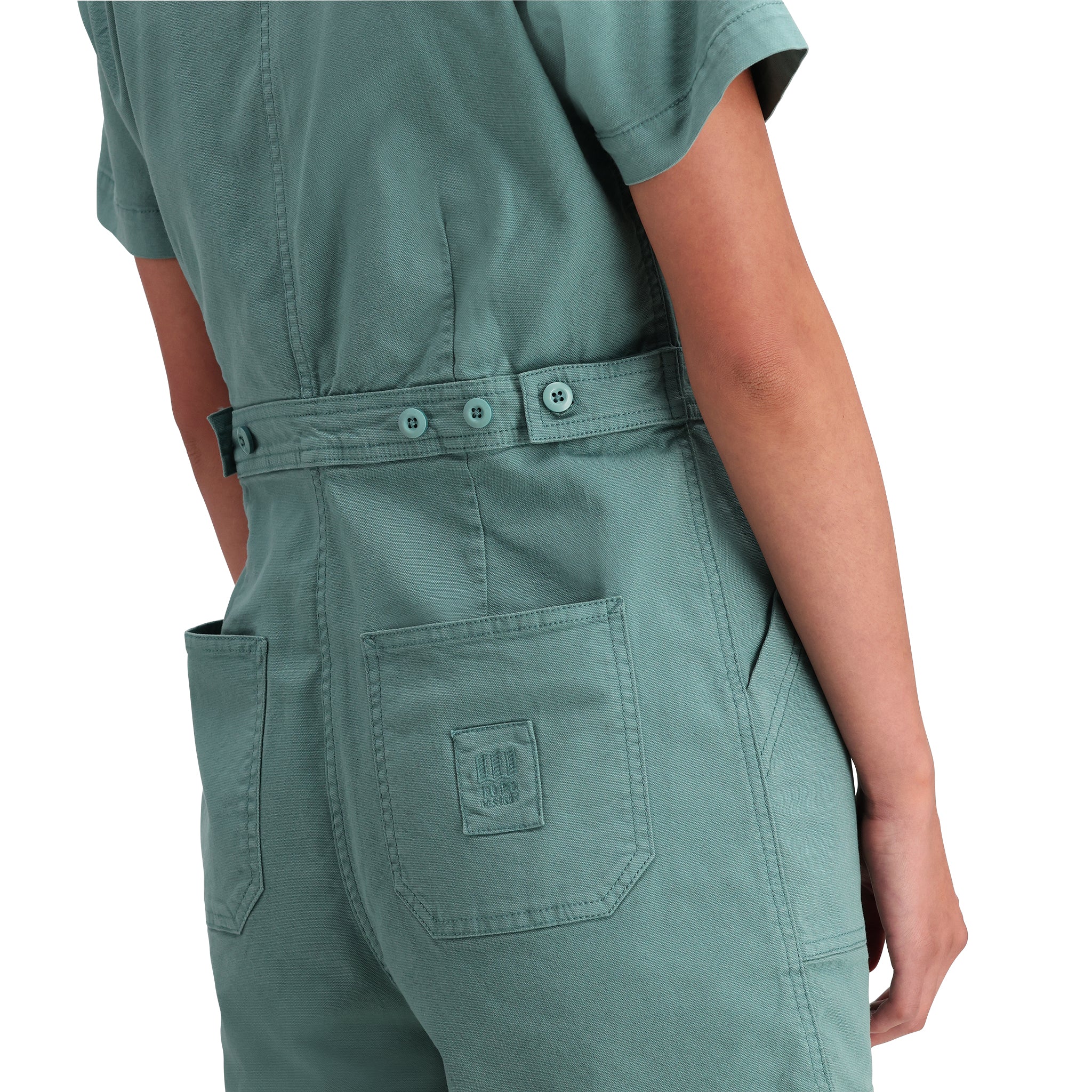 Detail shot of Topo Designs Dirt Romper - Women's in "Sea Pine"