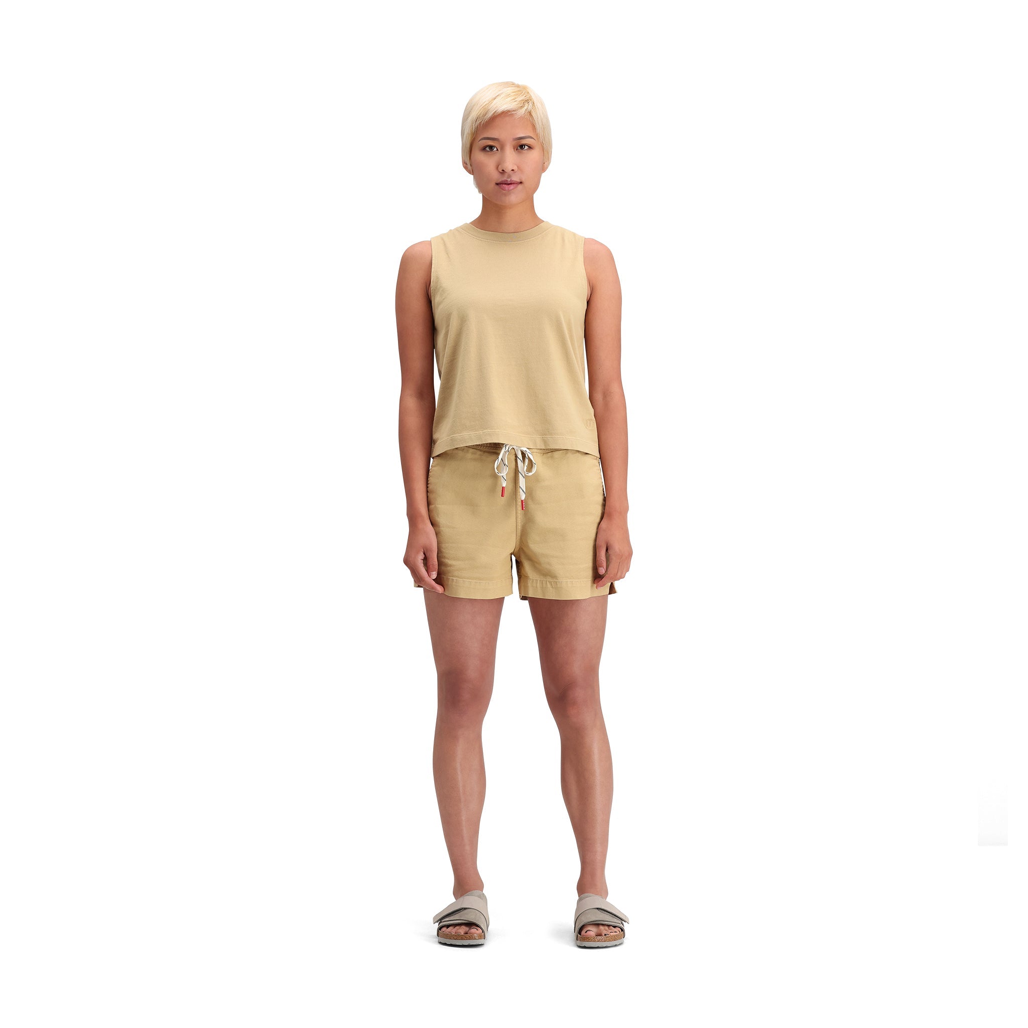 General front model shot of Topo Designs Dirt Tank - Women's in "Sahara"