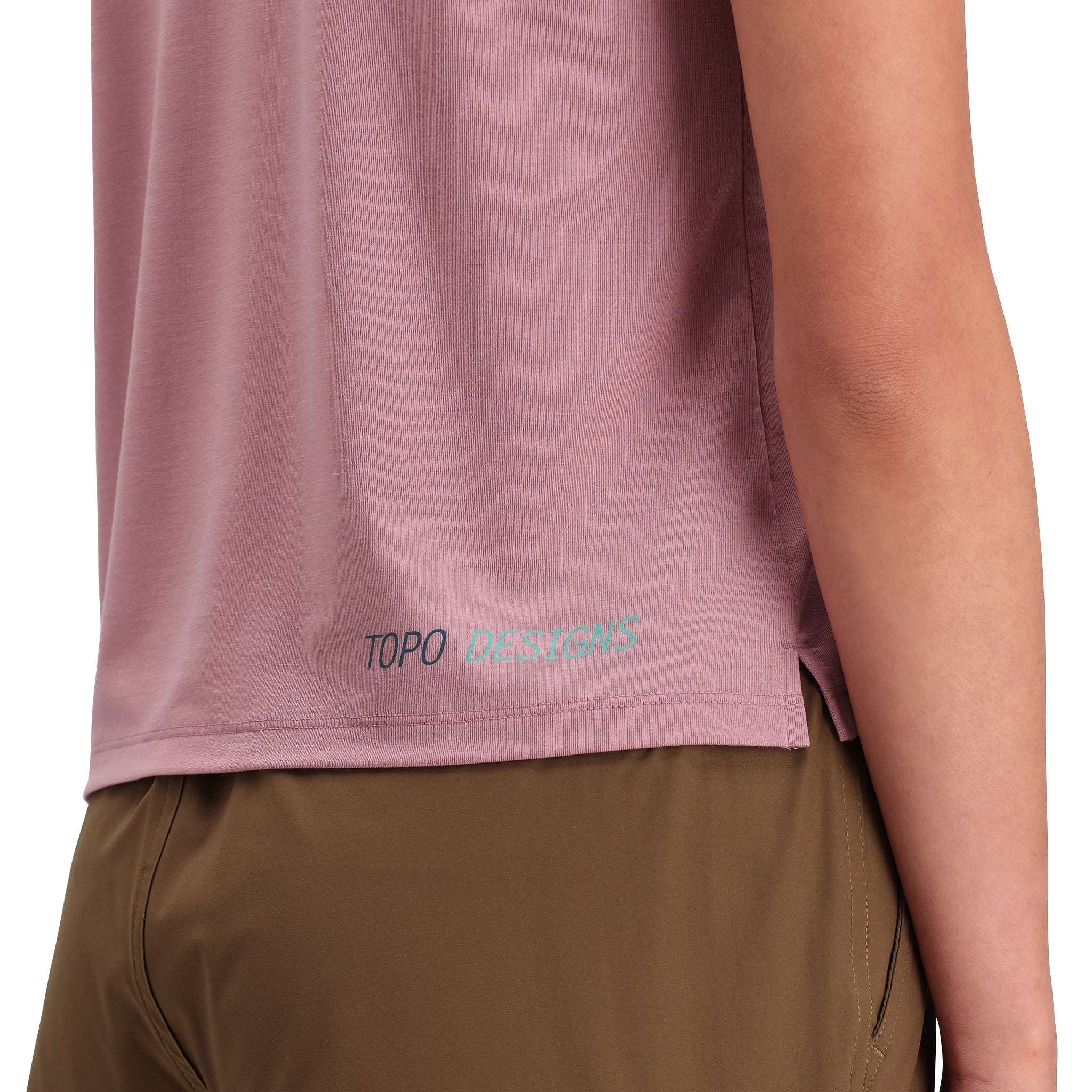 Detail shot of Topo Designs Global Flip Reverse Tek Tank - Women's in "Rose"