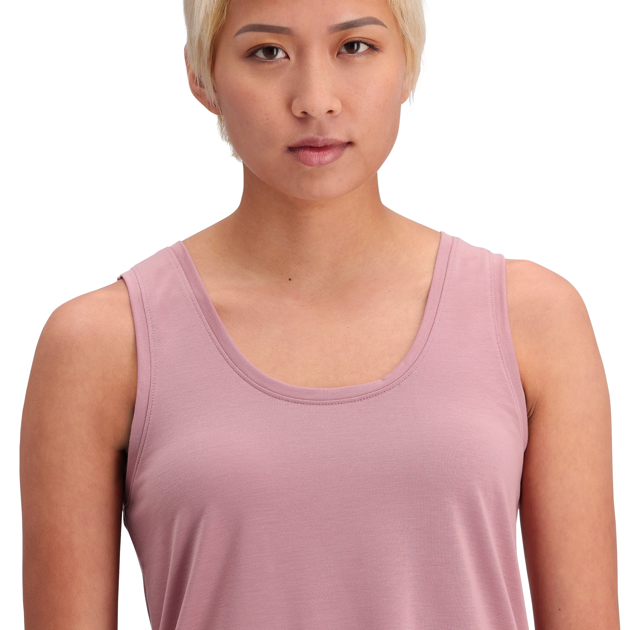 Detail shot of Topo Designs Global Flip Reverse Tek Tank - Women's in "Rose"