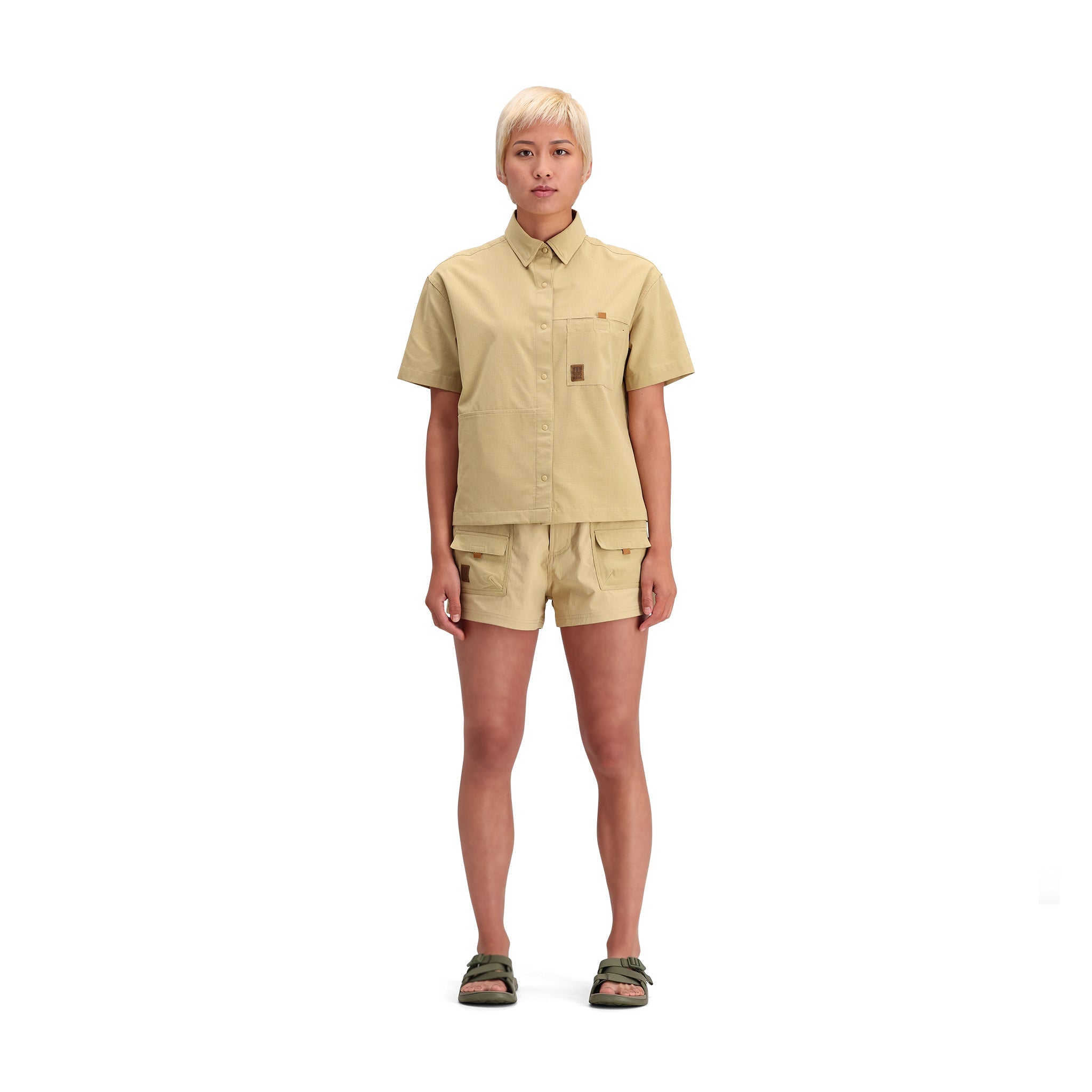 General front model shot of Topo Designs Retro River Shirt SS - Women's in "Sahara"