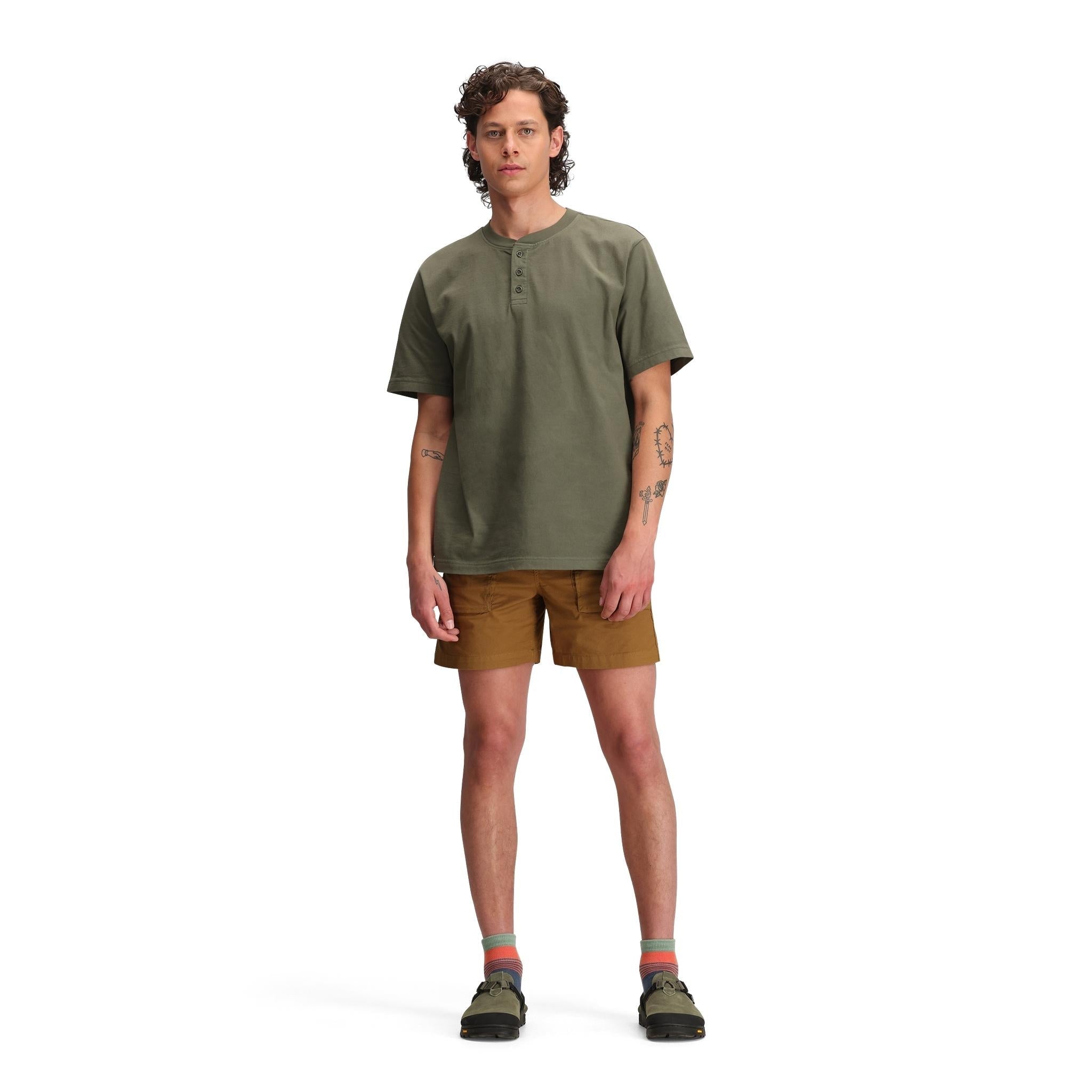 General front model shot of Topo Designs Dirt Desert Shorts - Men's in "Dark Khaki"