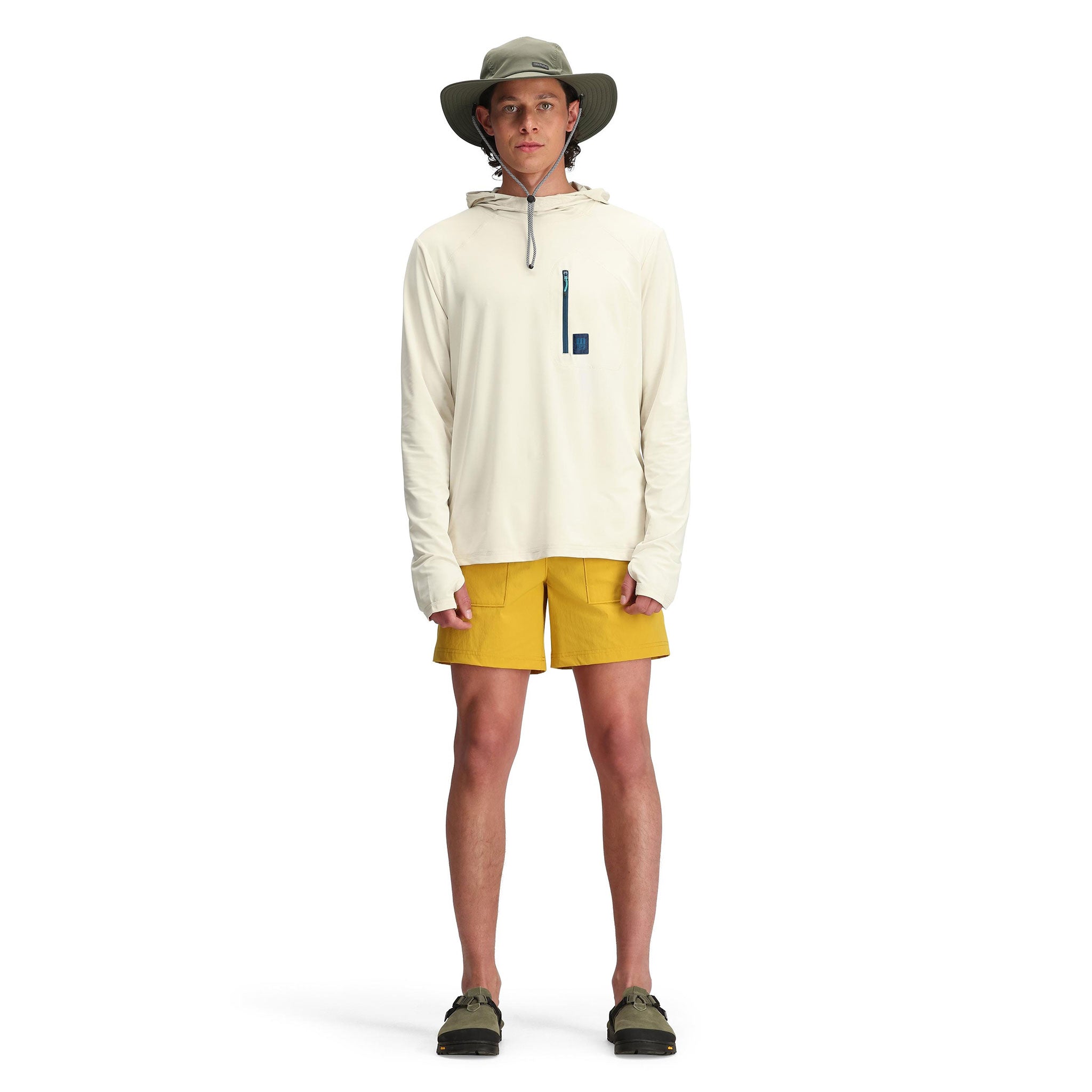 General front model shot of Topo Designs Sun Hoodie - Men's in "Bone White"