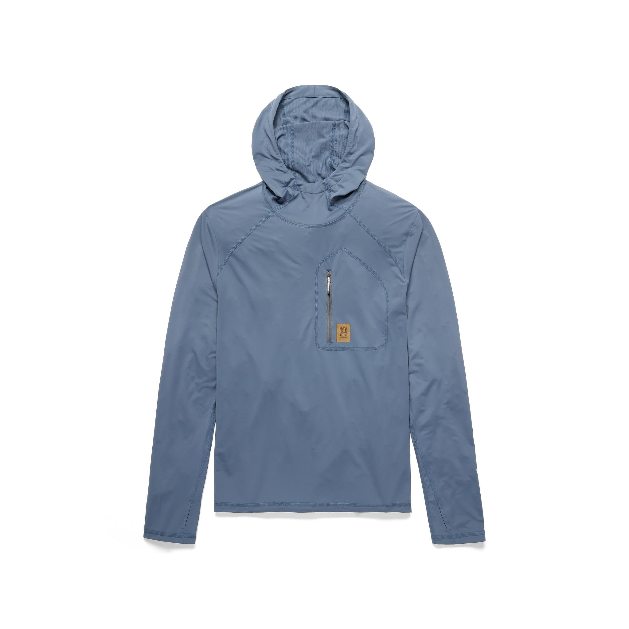 General front model shot of Topo Designs Sun Hoodie - Men's in "Stone Blue"