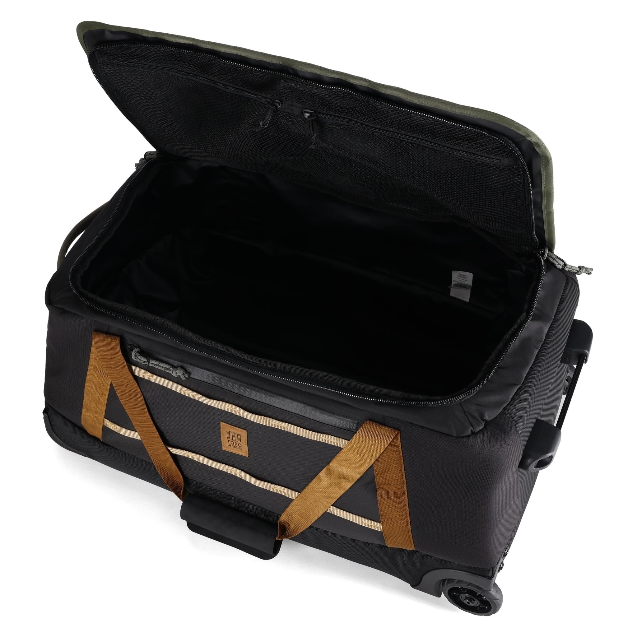 General Detail shot of Topo Designs Mountain Duffel Roller 90L in "Black / Neutral"