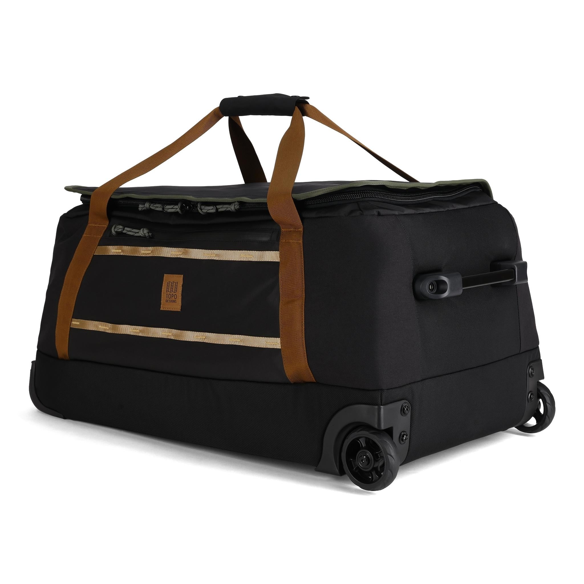 Front View of Topo Designs Mountain Duffel Roller 90L in "Black / Neutral"